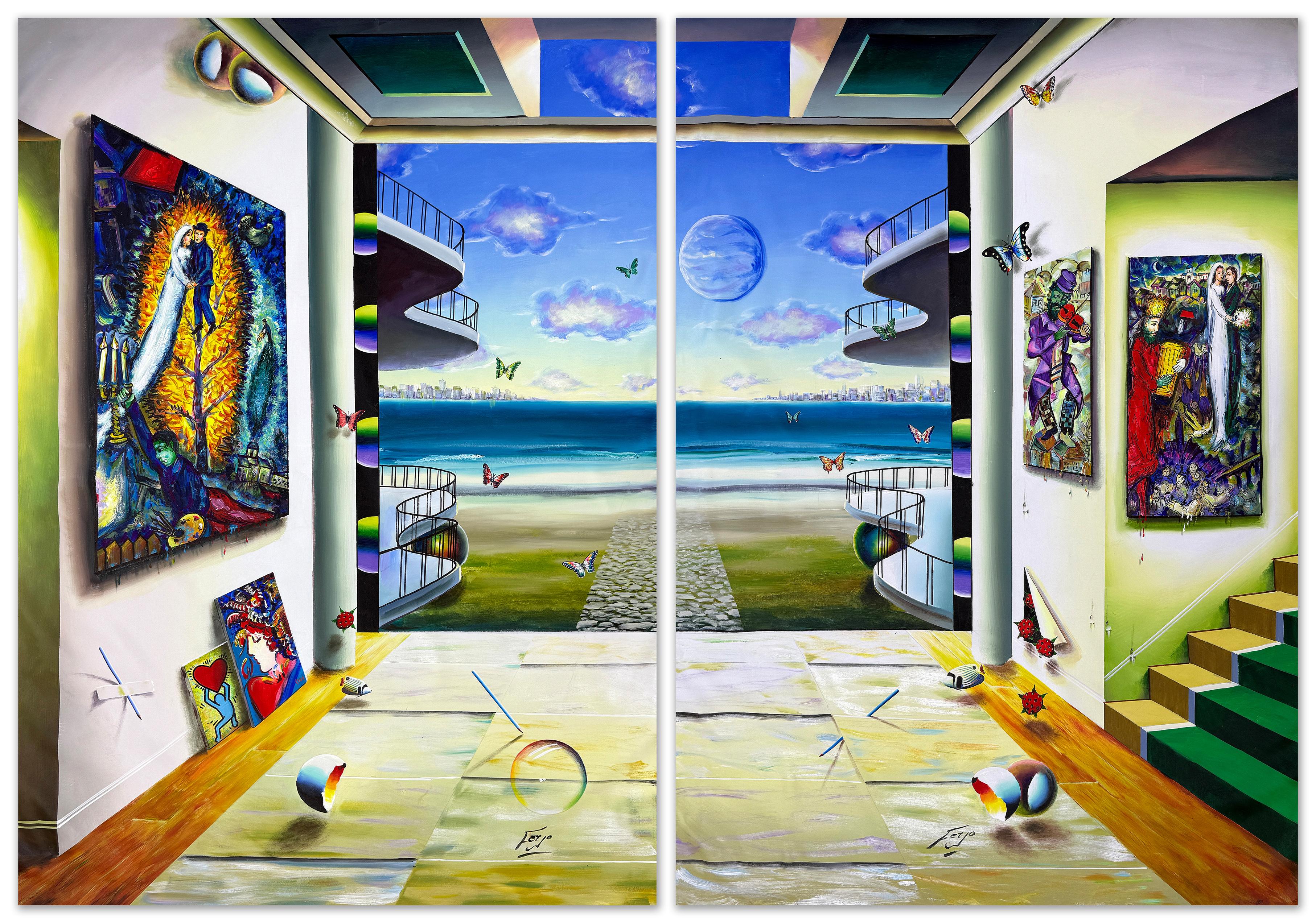 Figurative Painting de Ferjo, Fernando de Jesus Oliveira - Vista surrealista (díptico), gran cuadro original