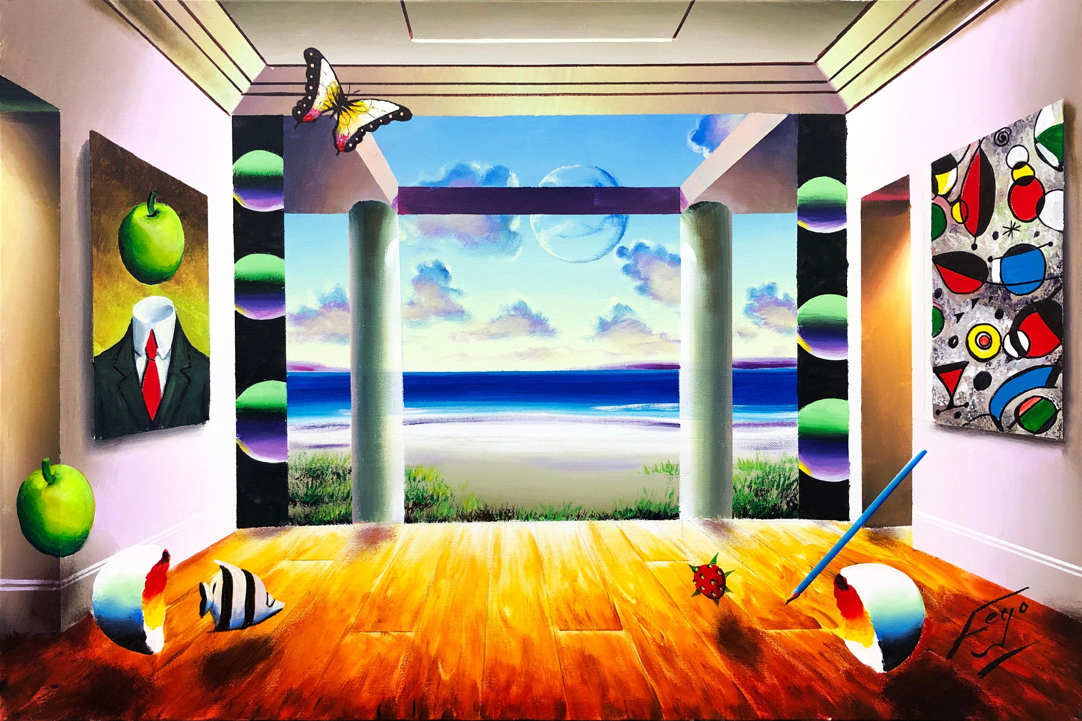 Ferjo, Fernando de Jesus Oliveira Interior Painting - SURREALISTIC VIEW (MARGRITTE MIRO)