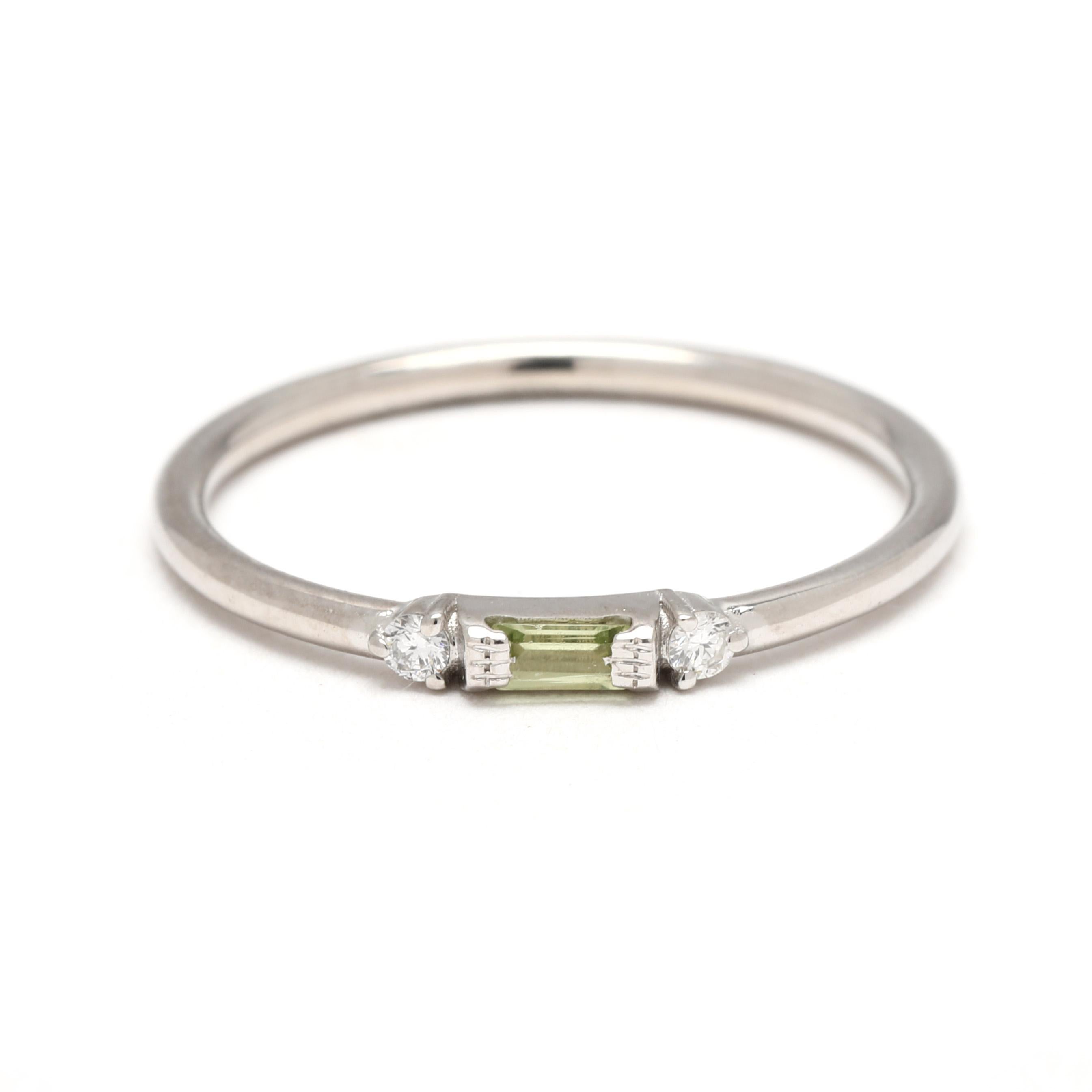 Ferkos Bague péridot et diamant, or blanc 14k, taille 4.75