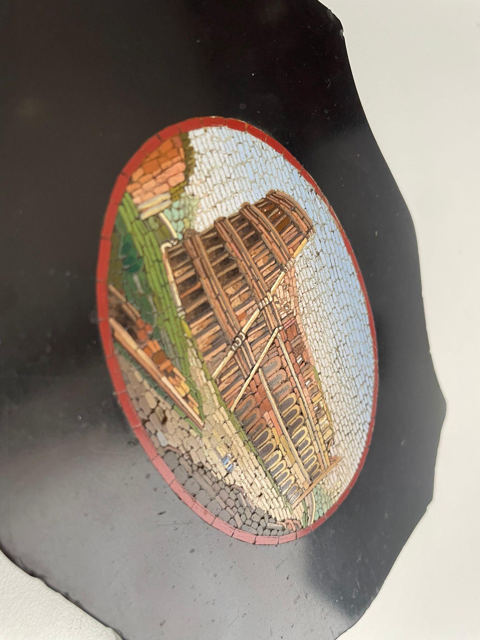 Belgian Black Marble Black marble paperweight with micromosaic of Colosseum Rome souvenir Grand Tour For Sale