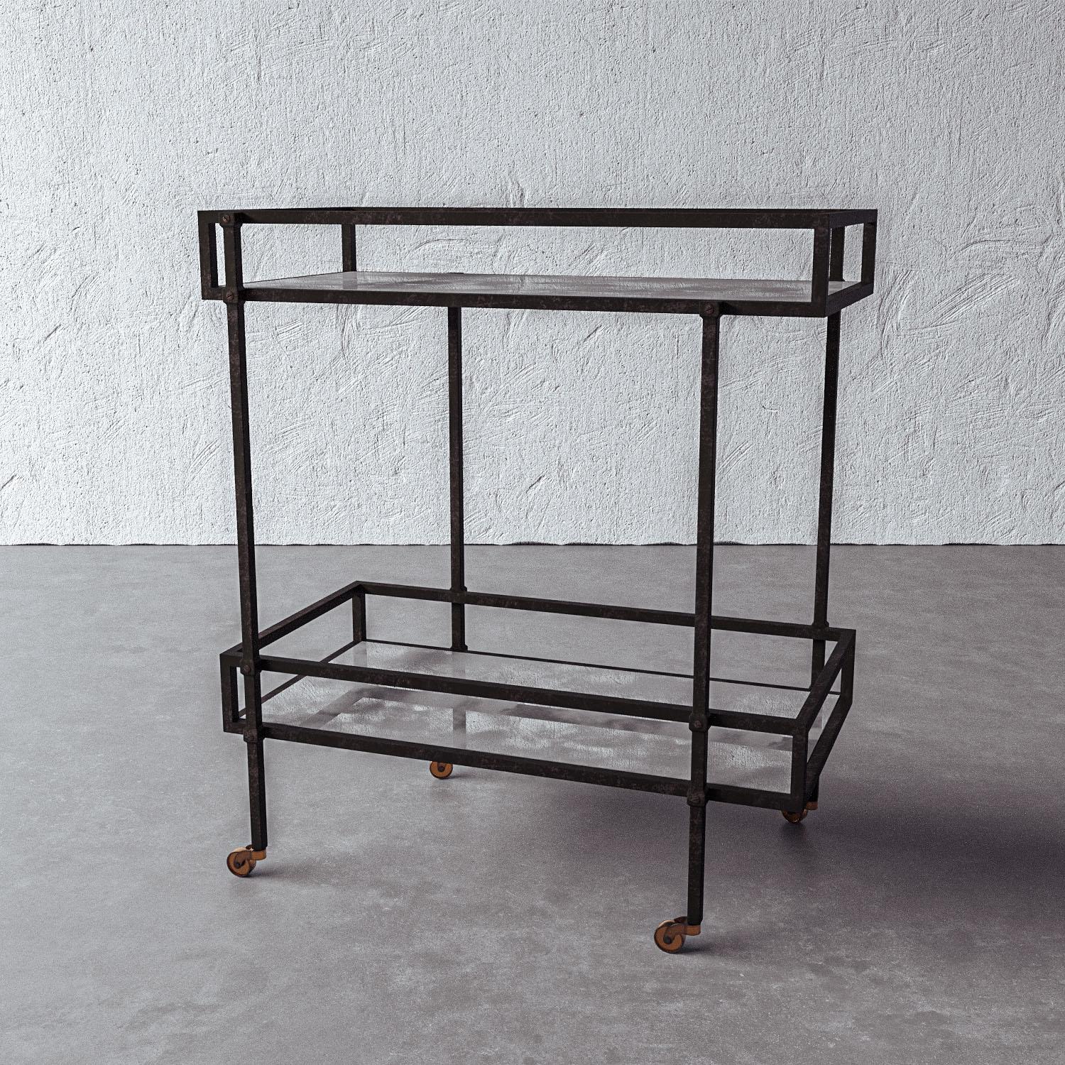 Antique mirror and hammered bronze patinated metal form a bar cart inspired by French design in the 1940s. Complete with brass casters for movement and handmade by artisans in Vietnam, this decorative yet highly functional piece of furniture is