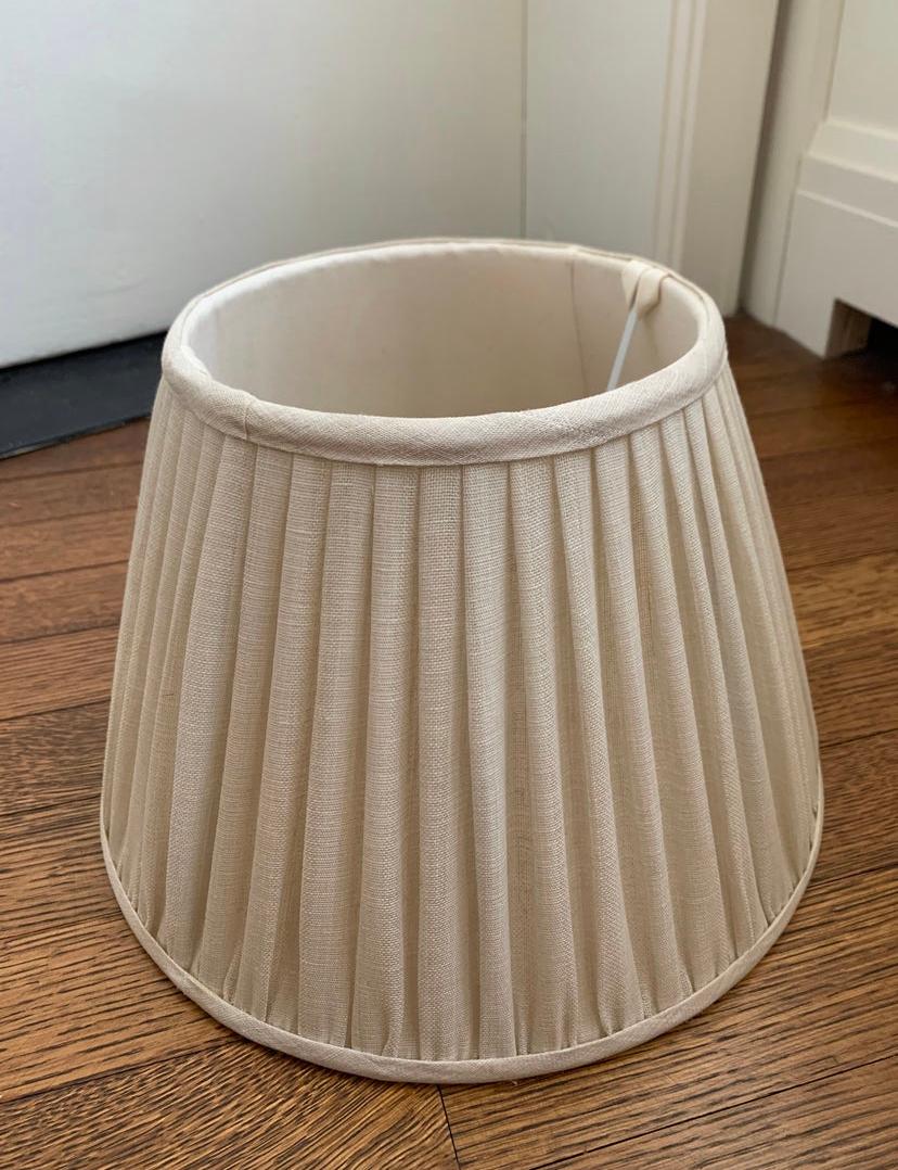 12 Inch Gathered Bedwyn Lampshade in Cream Moire Linen Sheer. E26 gimbal fitting.