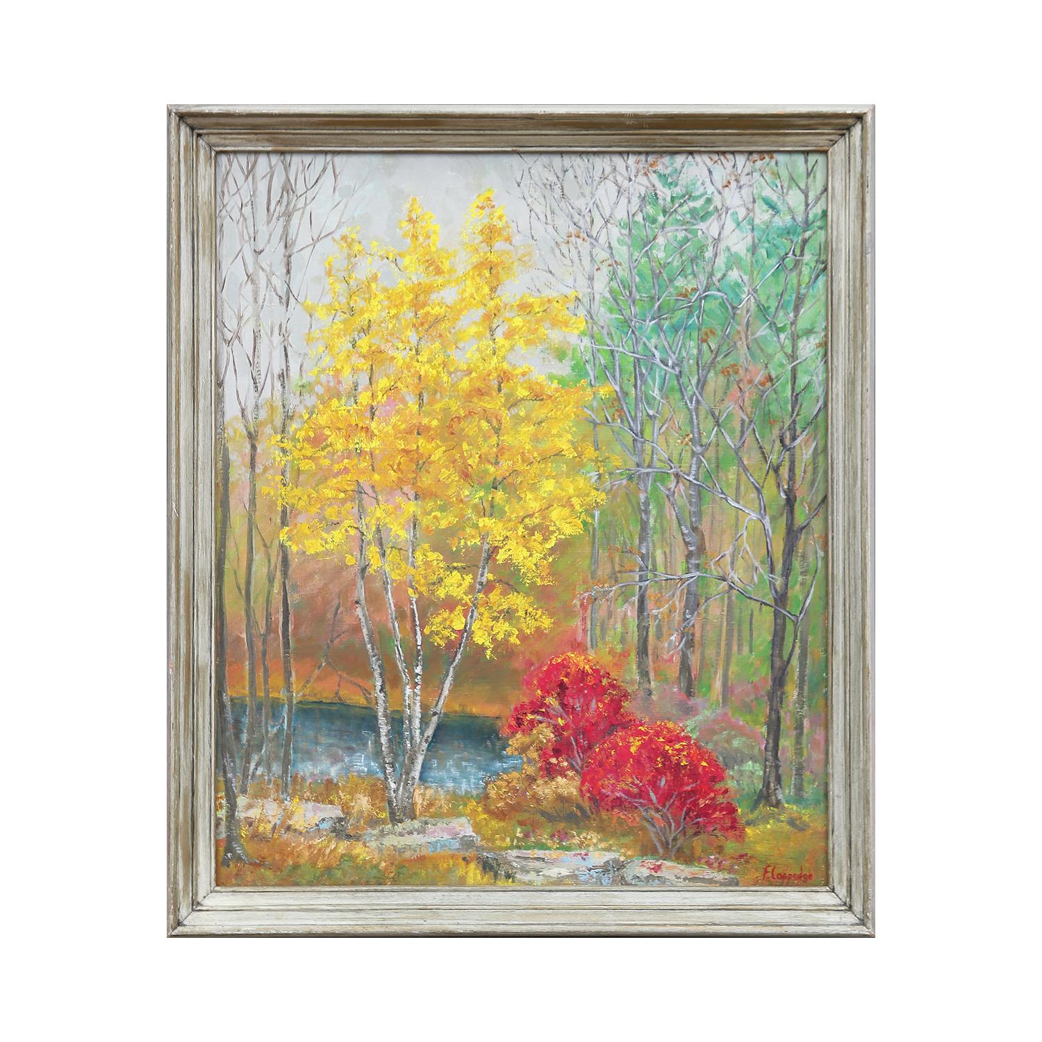 Yellow and Green Toned Abstract Impressionist Autumn Forest Landscape - Painting by Fern Coppedge