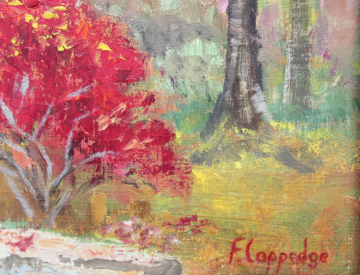 Yellow and Green Toned Abstract Impressionist Autumn Forest Landscape - Brown Landscape Painting by Fern Coppedge
