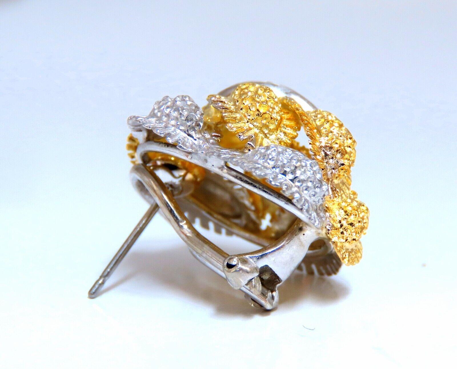 Round Cut Fern Floral Puff Cluster Diamond Clip Earrings 14 Karat For Sale