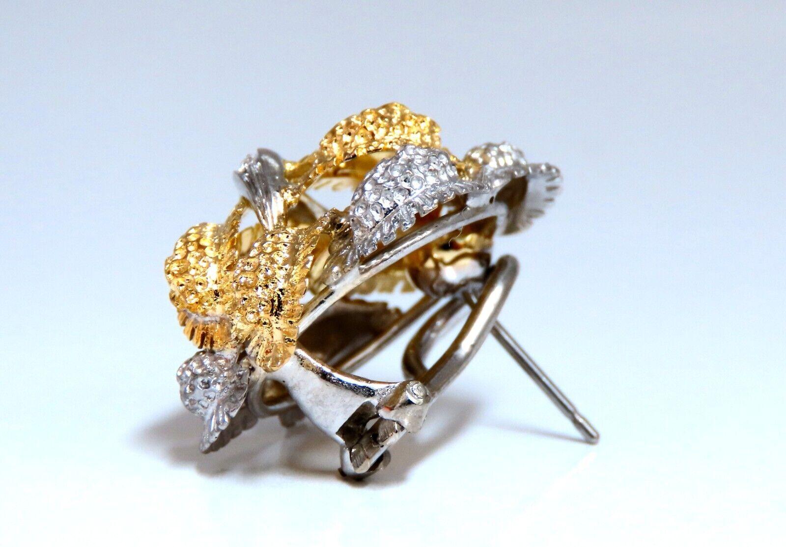 Fern Floral Puff Cluster Diamond Clip Earrings 14 Karat For Sale 1