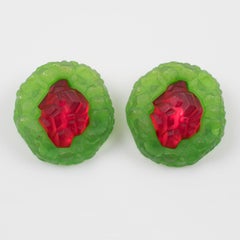 Fern Green and Ruby Red Rock-Shaped Carved Lucite Clip Earrings