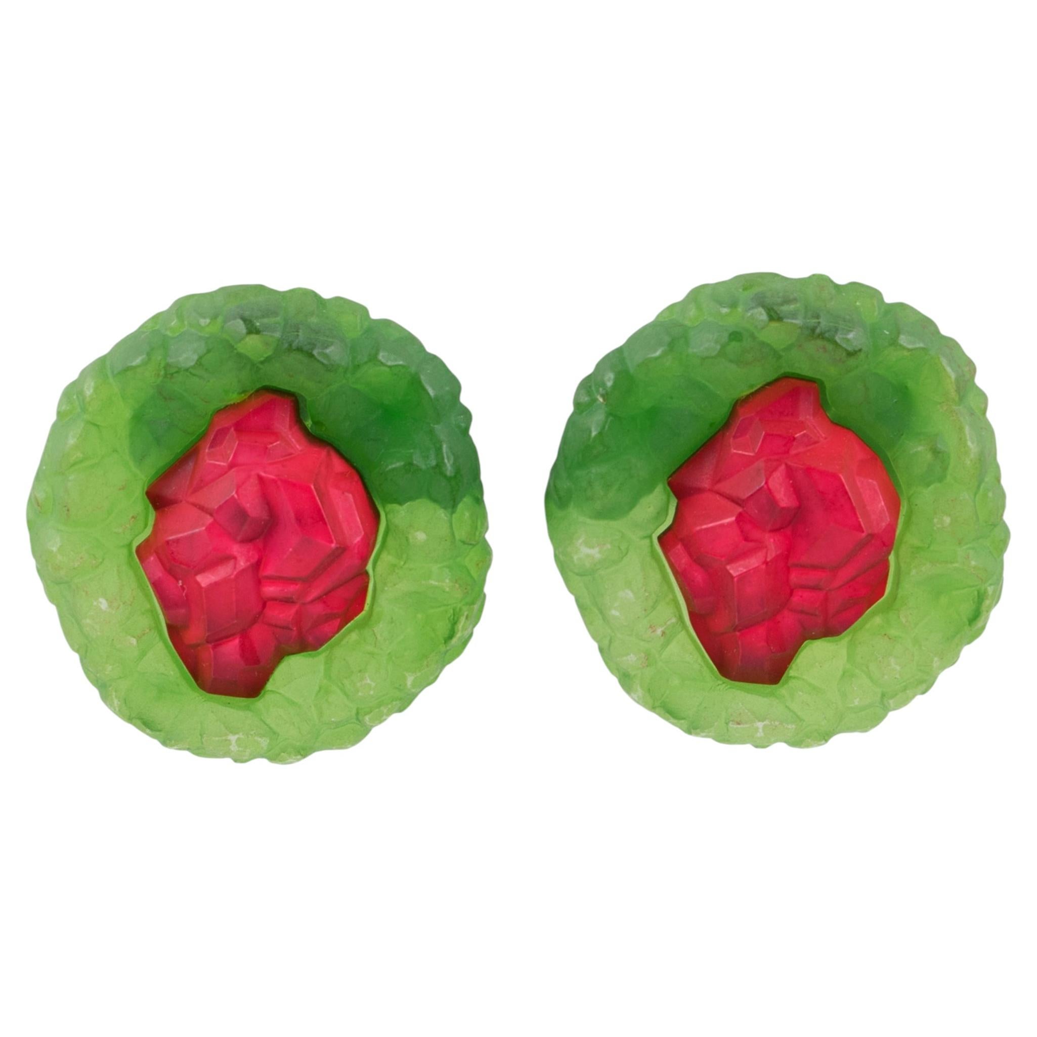 Fern Green and Ruby Red Rock-Shaped Carved Lucite Clip Earrings For Sale