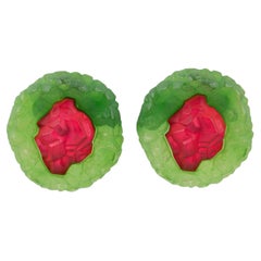 Fern Green and Ruby Red Rock-Shaped Lucite Clip Earrings