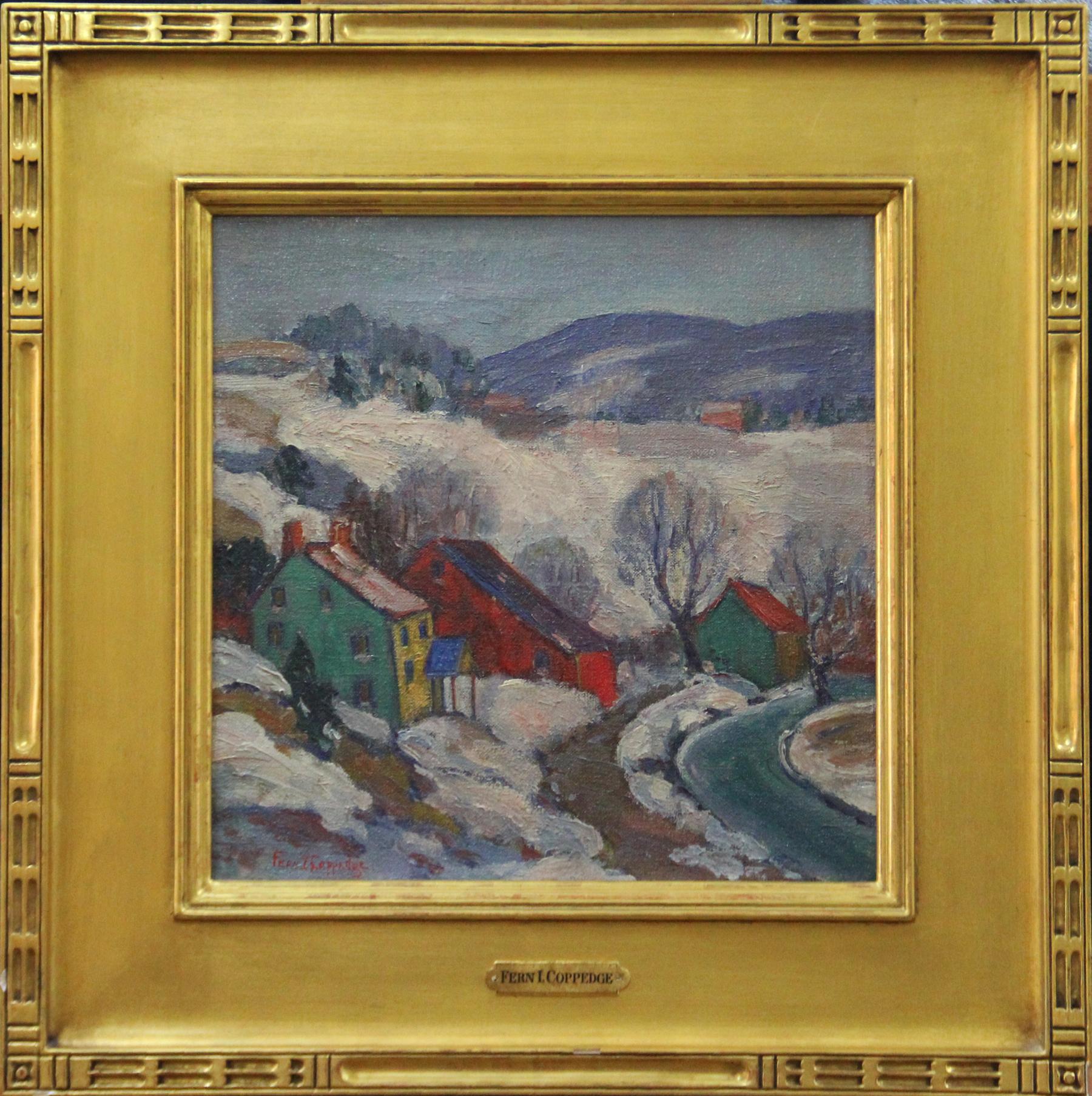 "Winter Scene" by Fern Isabel Coppedge is a 12" x 12" oil on canvas Pennsylvania Impressionist painting. It comes from a private collection in Bryn Mawr, Pennsylvania, it is framed in a 22K gold reproduction frame and in excellent, original