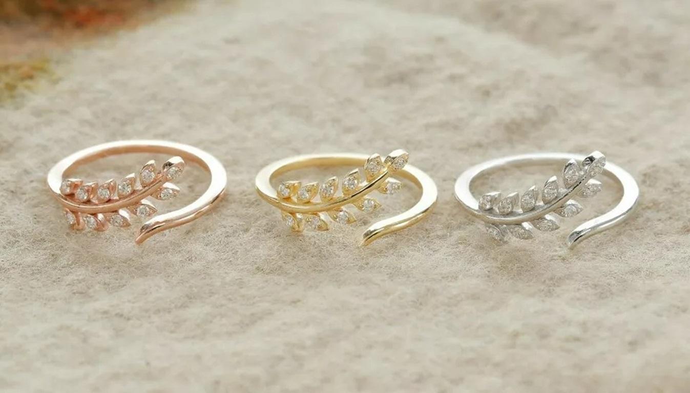 Farn Blätter Diamant offener Ring in 14k massivem Gold im Zustand „Neu“ im Angebot in Chicago, IL
