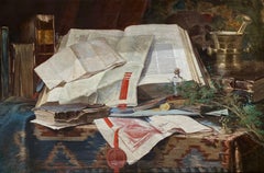 Nature morte avec livres" de Fernand Adriaenssens ( 1859 - Anvers - 1944 )