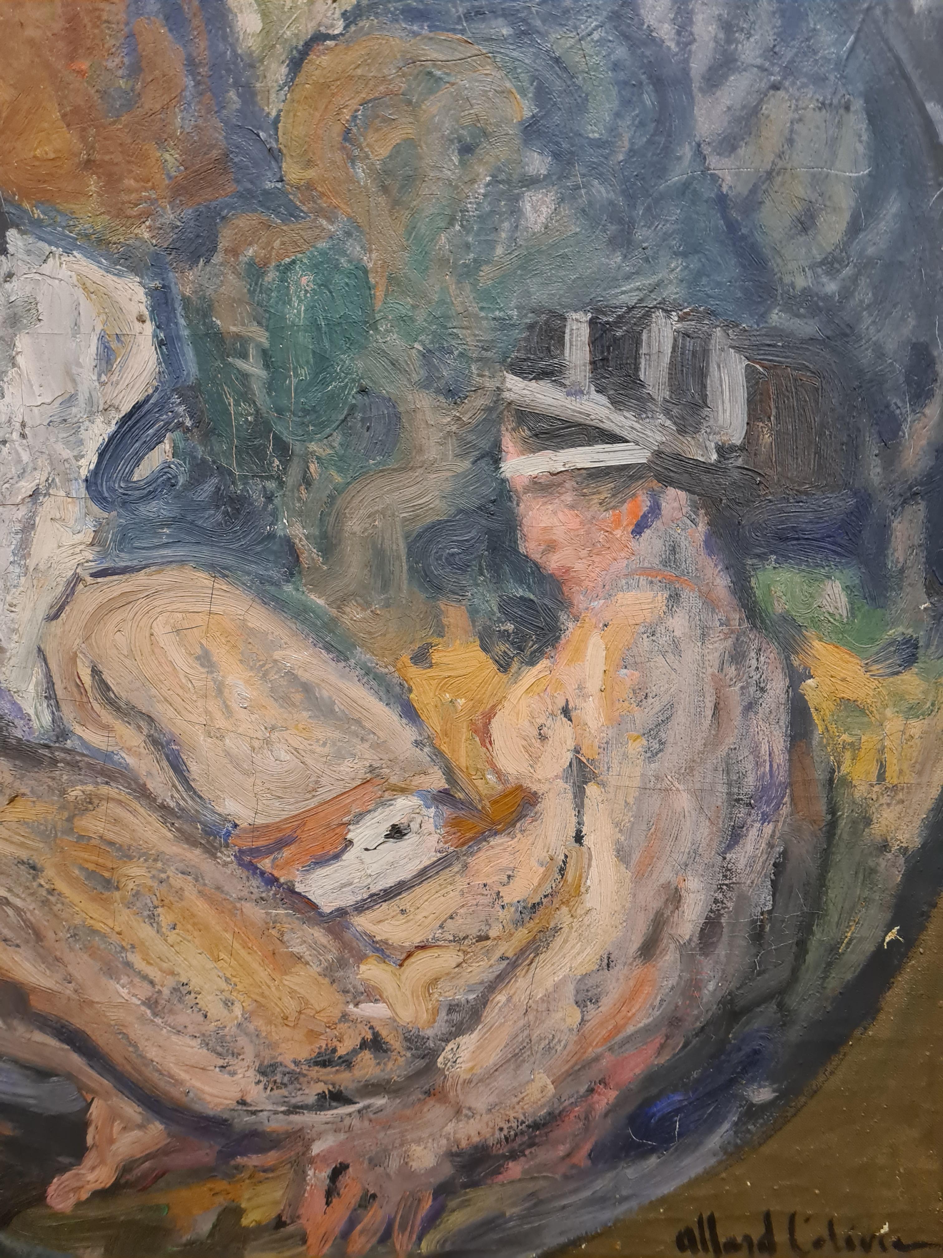 Ein allegorisches Gemälde von Leda und dem Schwan in Öl auf Leinwand von Fernand Allard l'Olivier aus dem frühen 20. Präsentiert in einem schlichten Holzrahmen.

Leda und der Schwan ist eine Geschichte und ein Thema in der Kunst aus der griechischen