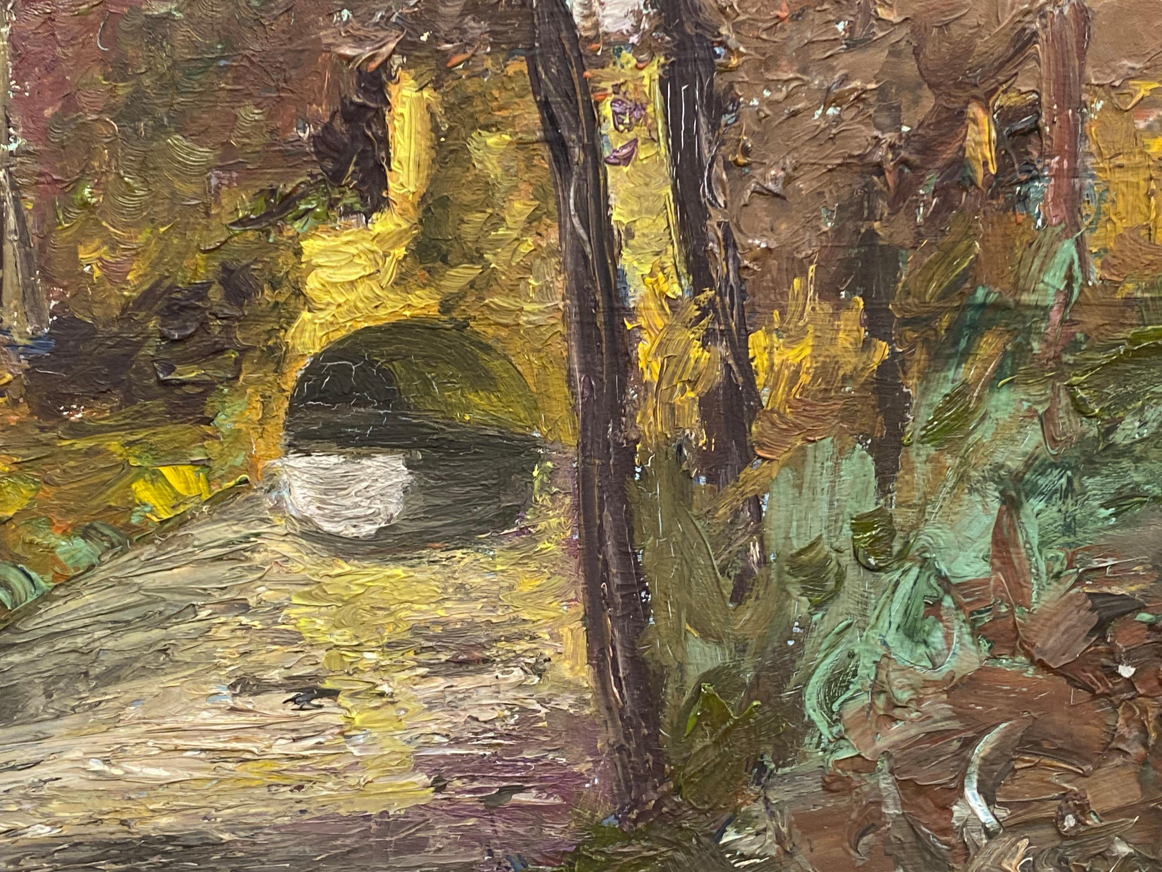 20ième siècle Huile impressionniste française Fernand Audet, pont en bois en vente