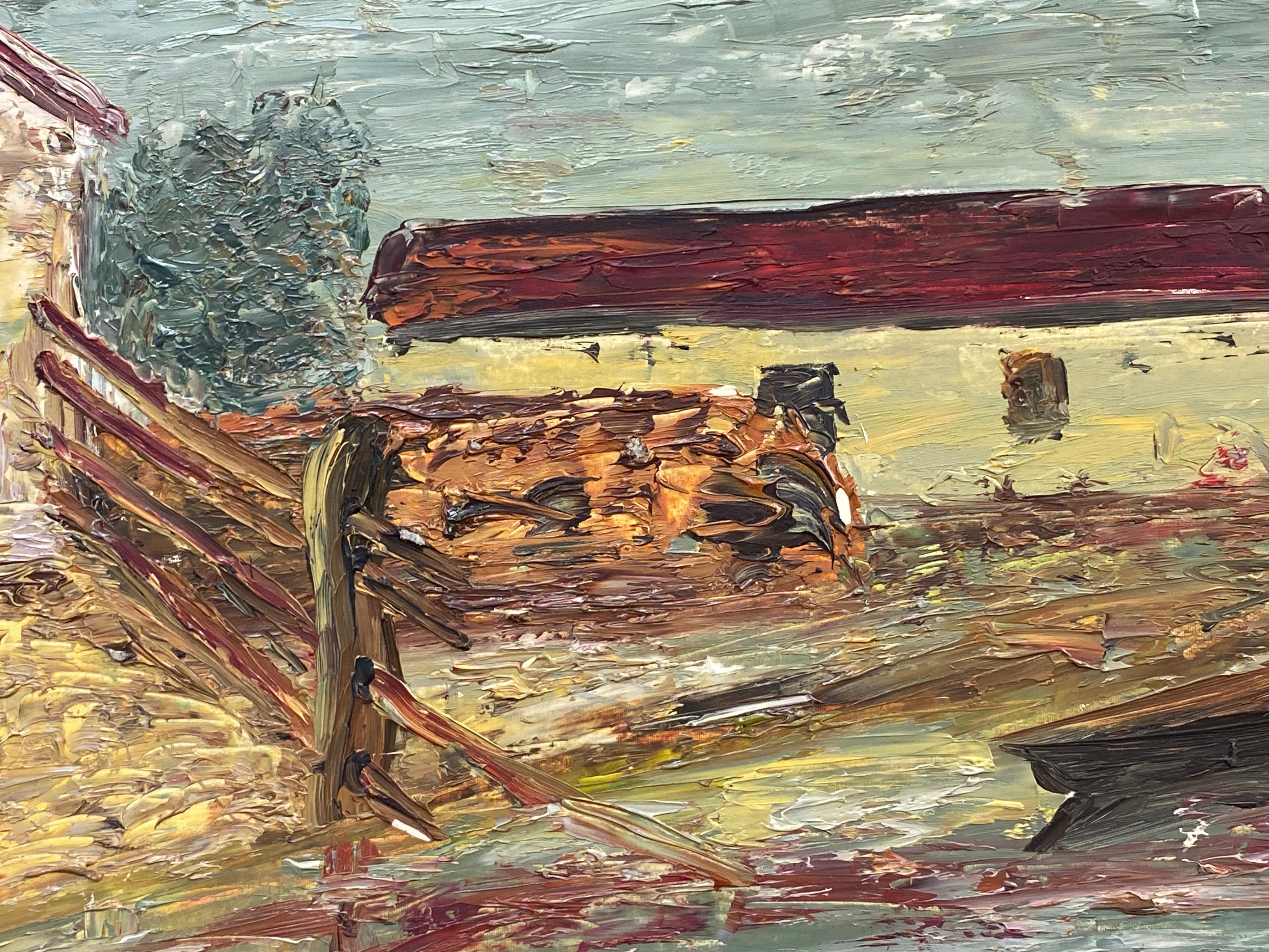 20th Century Fernand Audet, French Impressionist Oil, Red Roof Landscape For Sale