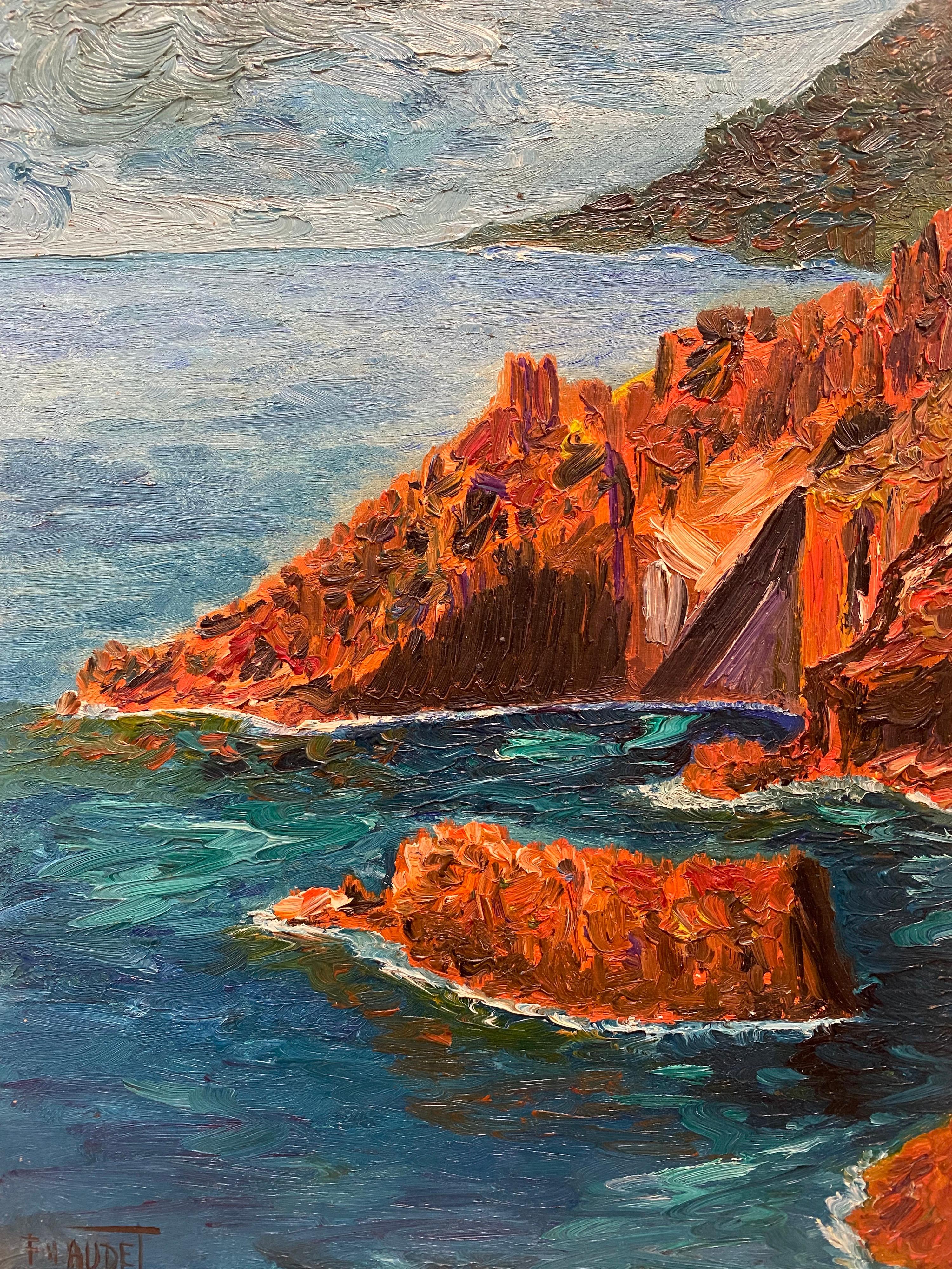 20th Century French Impressionist Oil Painting - Rocky Coastline Cote d'Azur