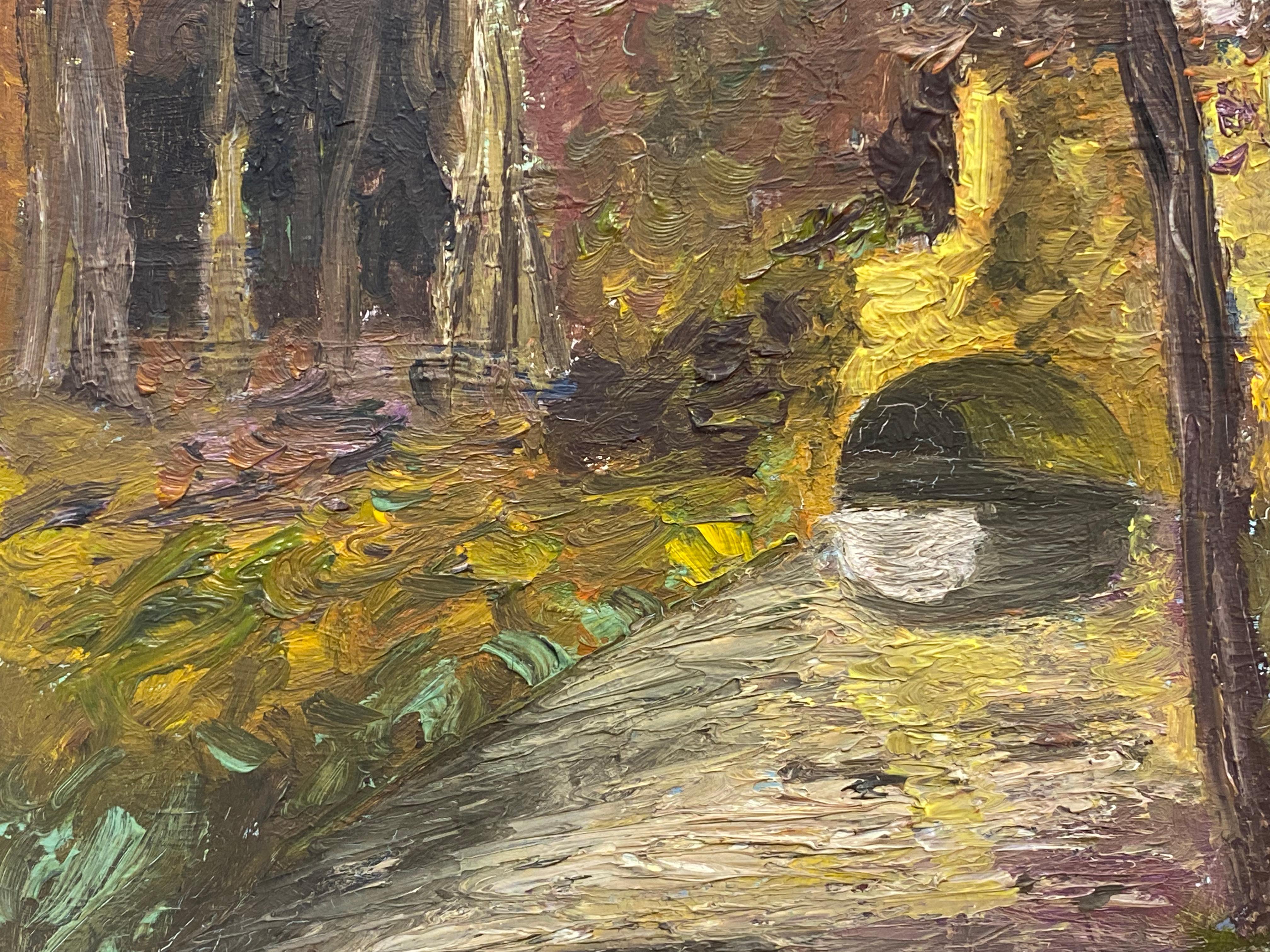 FERNAND AUDET (1923-2016) FRENCH IMPRESSIONIST OIL - BRIDGE IN WOODS - Post-Impressionist Painting by Fernand Audet