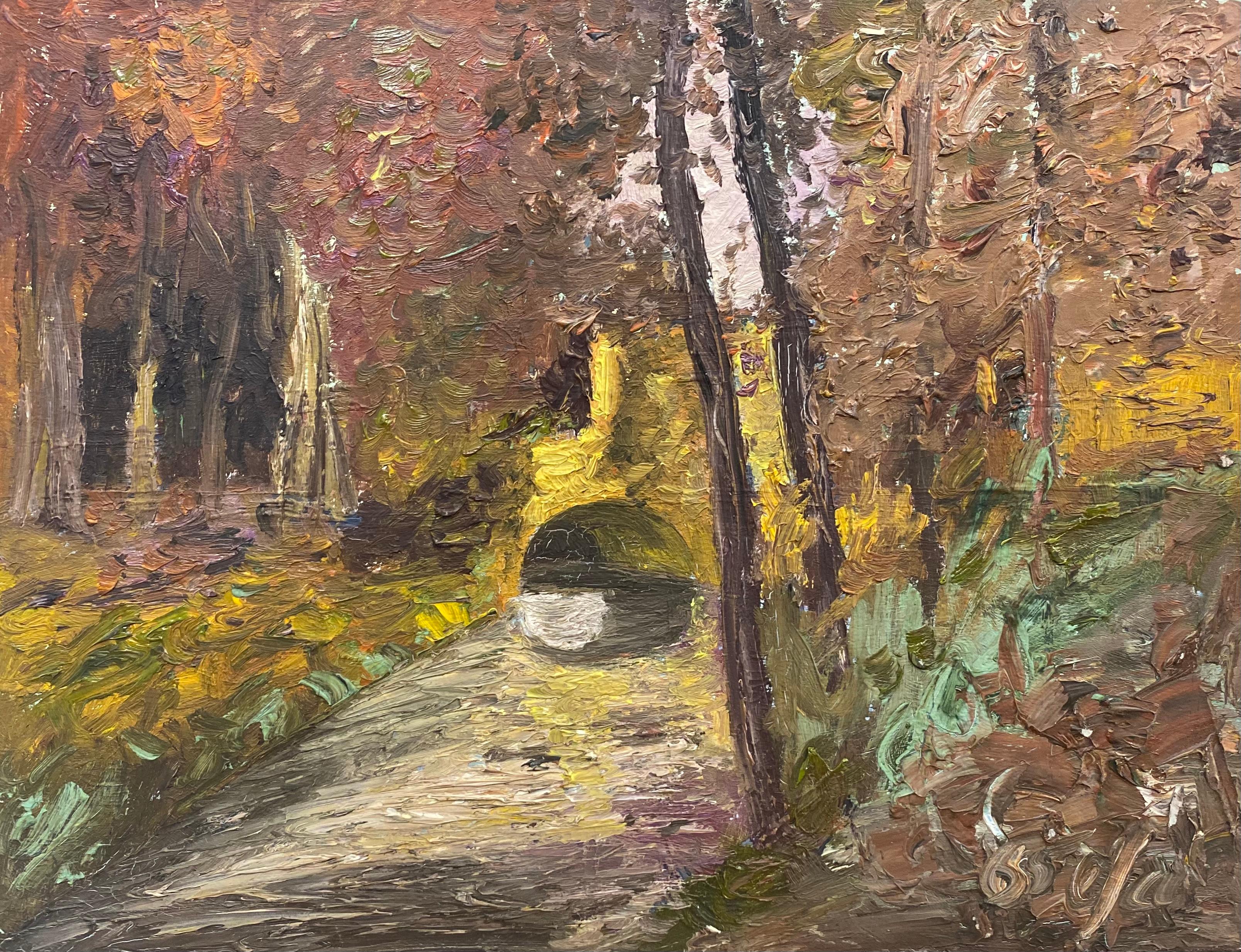 Fernand Audet Landscape Painting - FERNAND AUDET (1923-2016) FRENCH IMPRESSIONIST OIL - BRIDGE IN WOODS