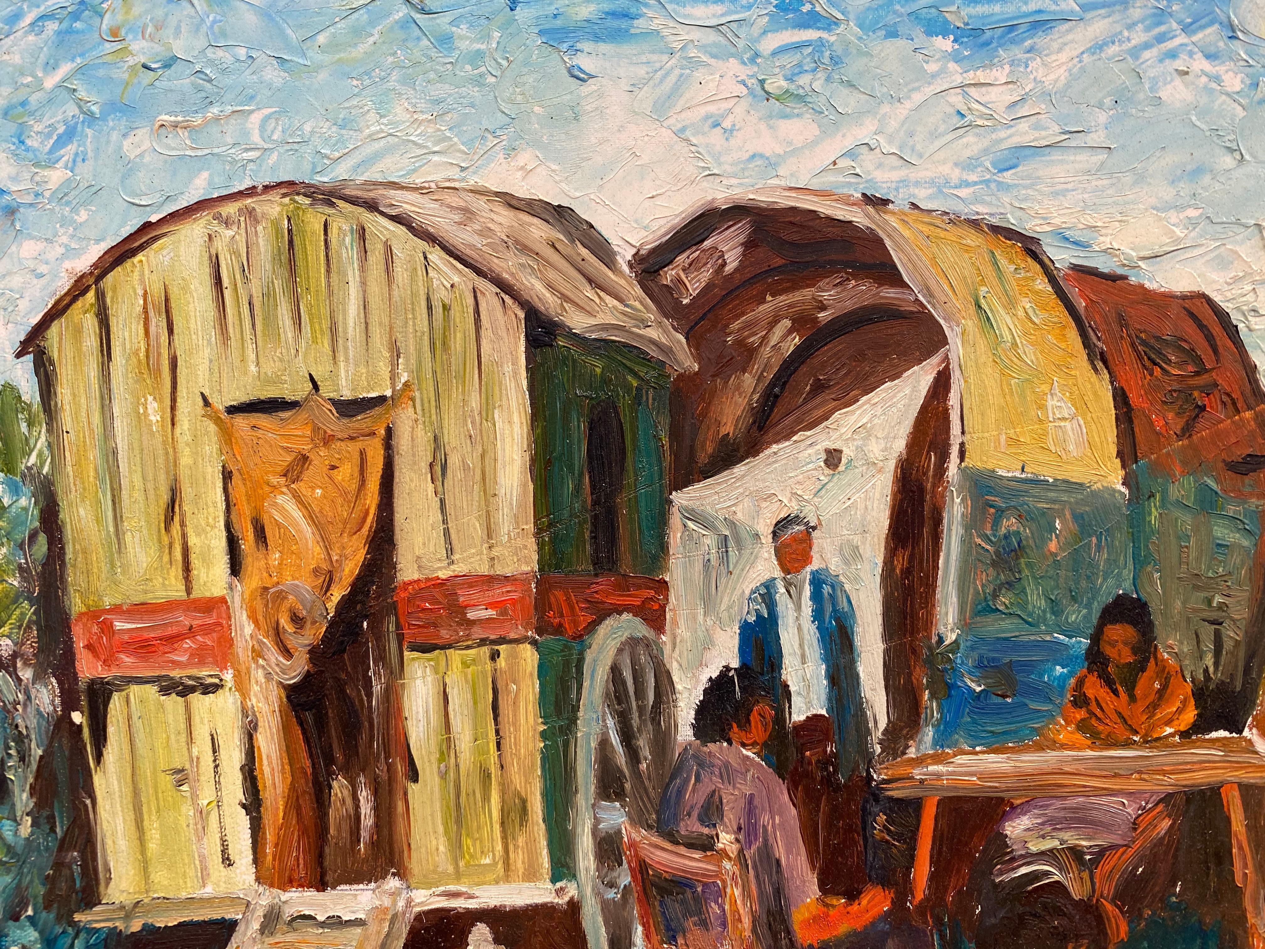 FERNAND AUDET (1923-2016) FRENCH IMPRESSIONIST OIL - GYPSY CARAVAN & FIGURES - Painting by Fernand Audet