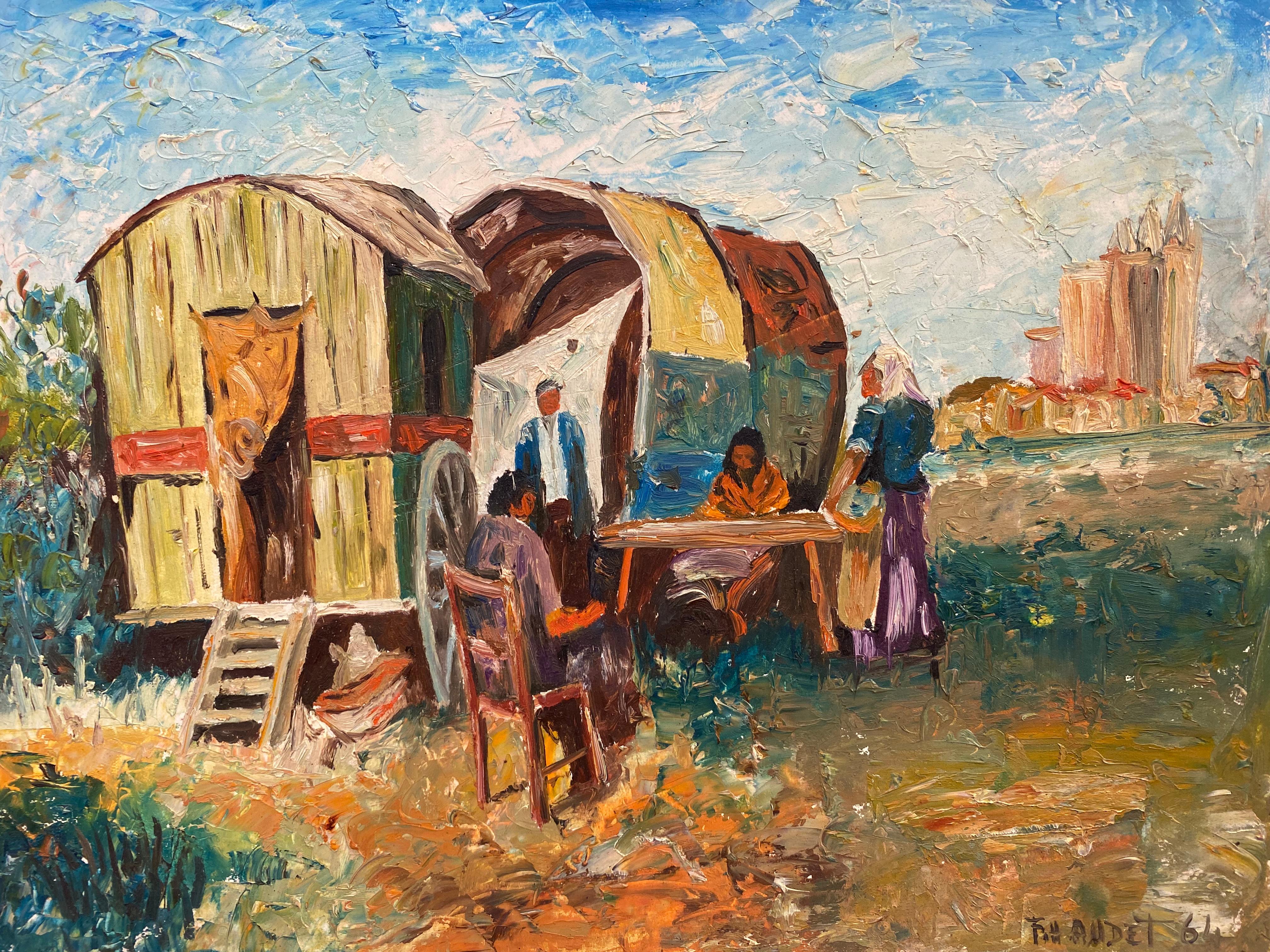 Fernand Audet Landscape Painting - FERNAND AUDET (1923-2016) FRENCH IMPRESSIONIST OIL - GYPSY CARAVAN & FIGURES