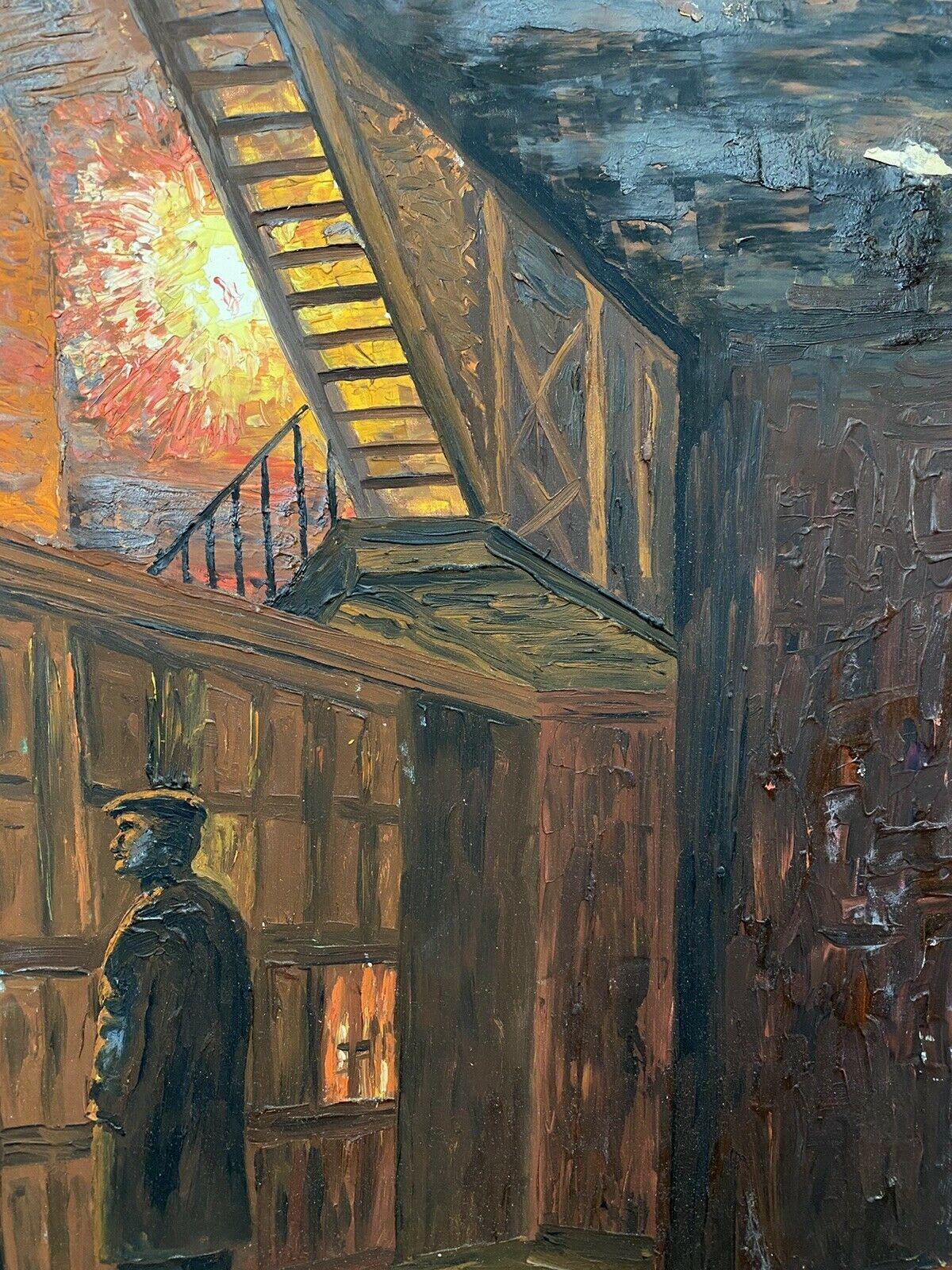 FERNAND AUDET (1923-2016) IMPRESSIONNISTE FRANÇAIS OIL NIGHT TIME FIGURES COURTYARD - Post-impressionnisme Painting par Fernand Audet