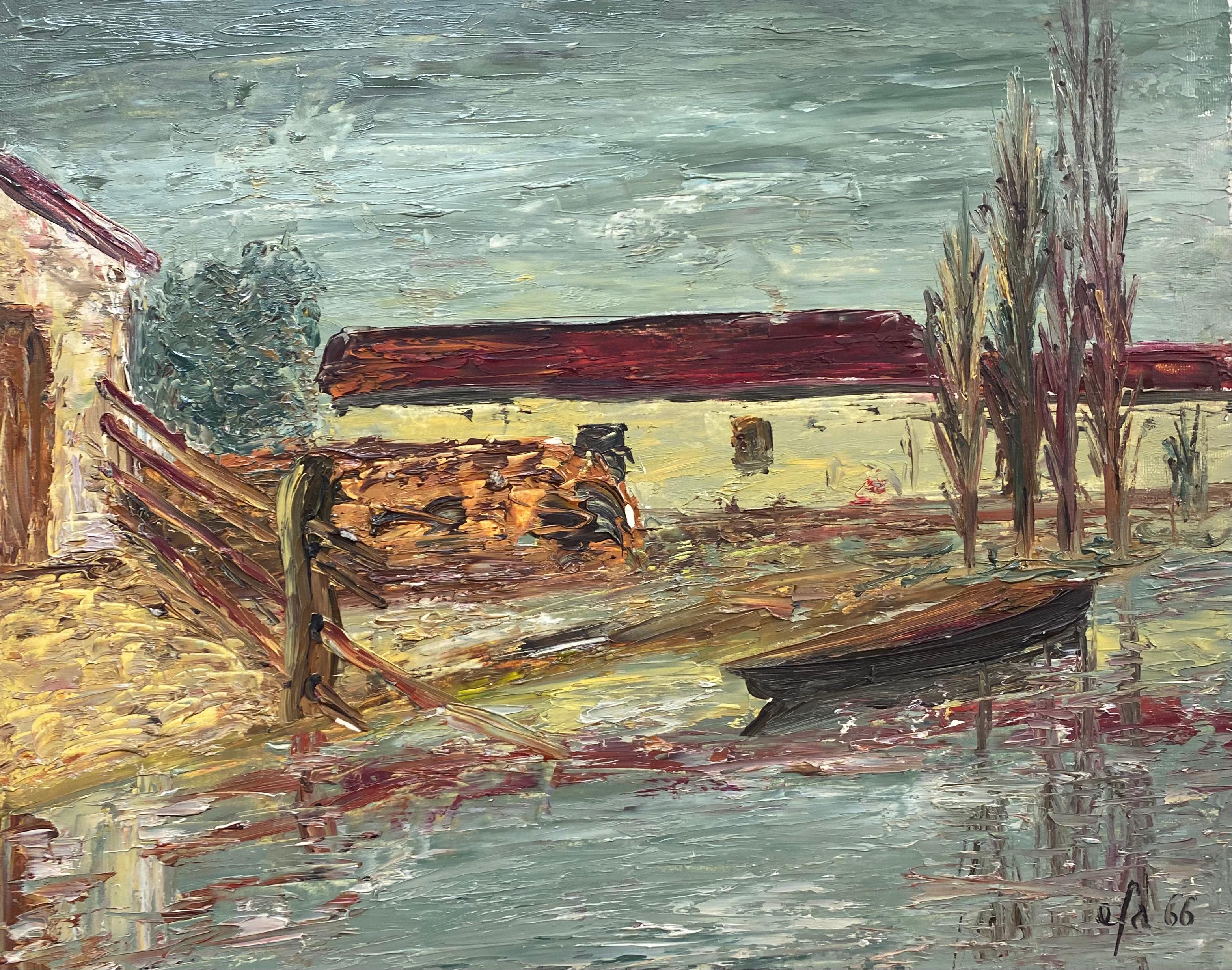 Landscape Painting Fernand Audet - FERNAND AUDET (1923-2016) IMPRESSIONNIST FRANÇAIS OIL - ROOF LANDSCAPE rouge