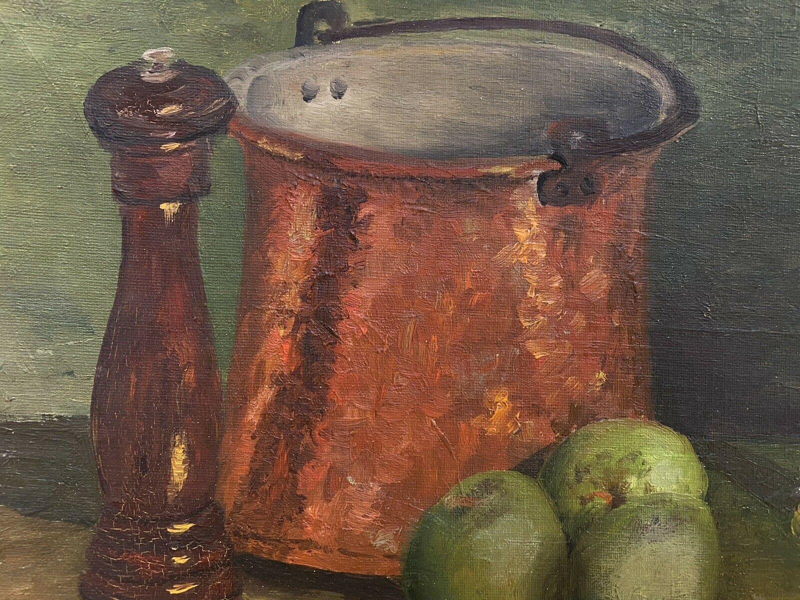 FERNAND AUDET (1923-2016) FRENCH IMPRESSIONIST OIL - STILL LIFE APPLES/ KITCHEN - Post-Impressionist Painting by Fernand Audet