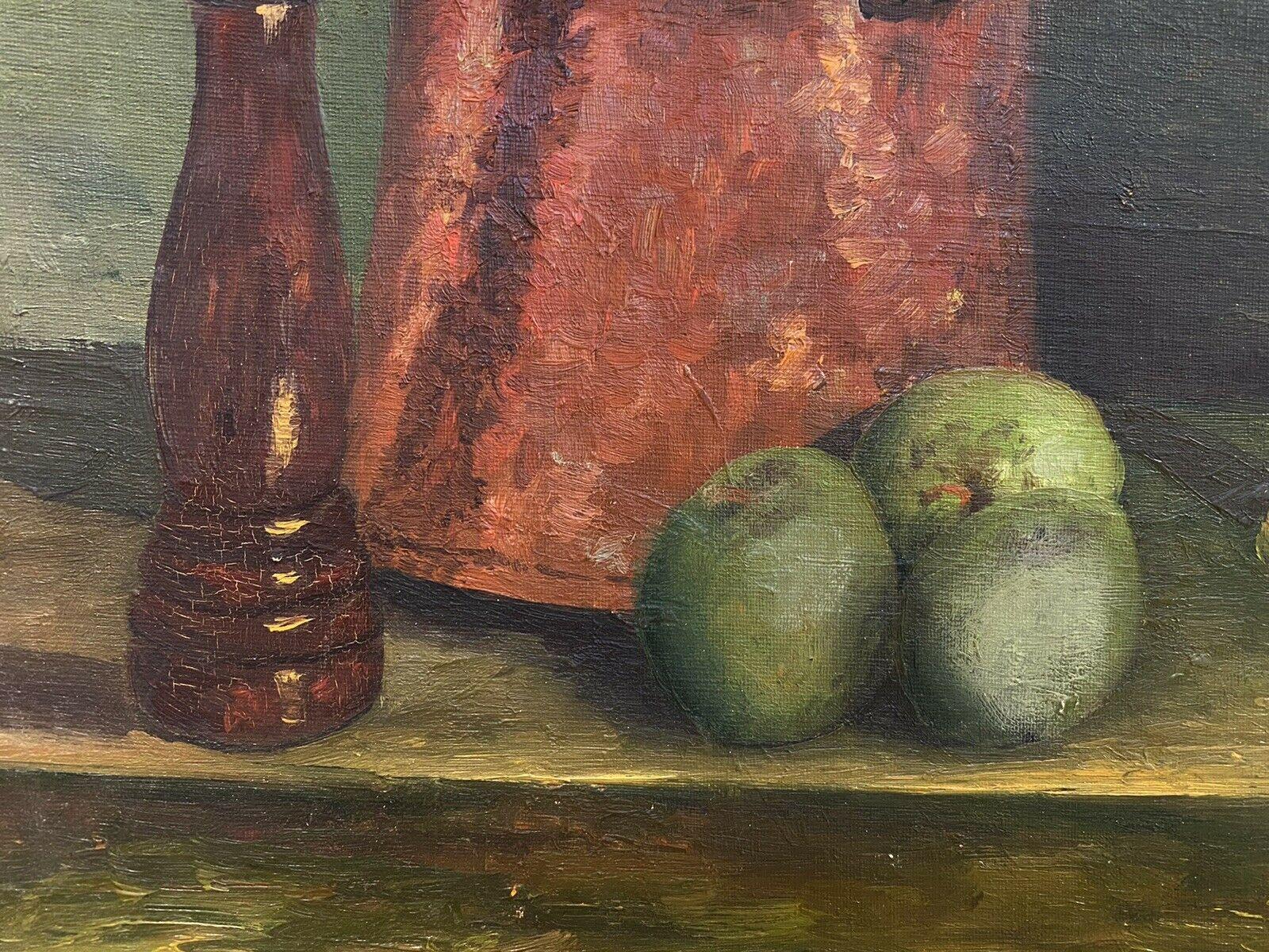 FERNAND AUDET (1923-2016) FRENCH IMPRESSIONIST OIL - STILL LIFE APPLES/ KITCHEN - Gray Still-Life Painting by Fernand Audet