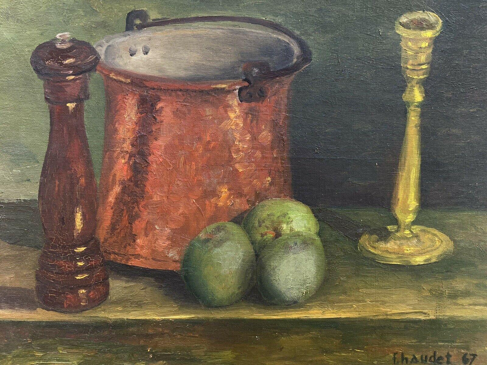 Fernand Audet Still-Life Painting - FERNAND AUDET (1923-2016) FRENCH IMPRESSIONIST OIL - STILL LIFE APPLES/ KITCHEN