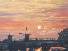 FERNAND AUDET (1923-2016) ÓLEO IMPRESIONISTA FRANCÉS - PUESTA DE SOL SOBRE MOLINOS DE VIENTO