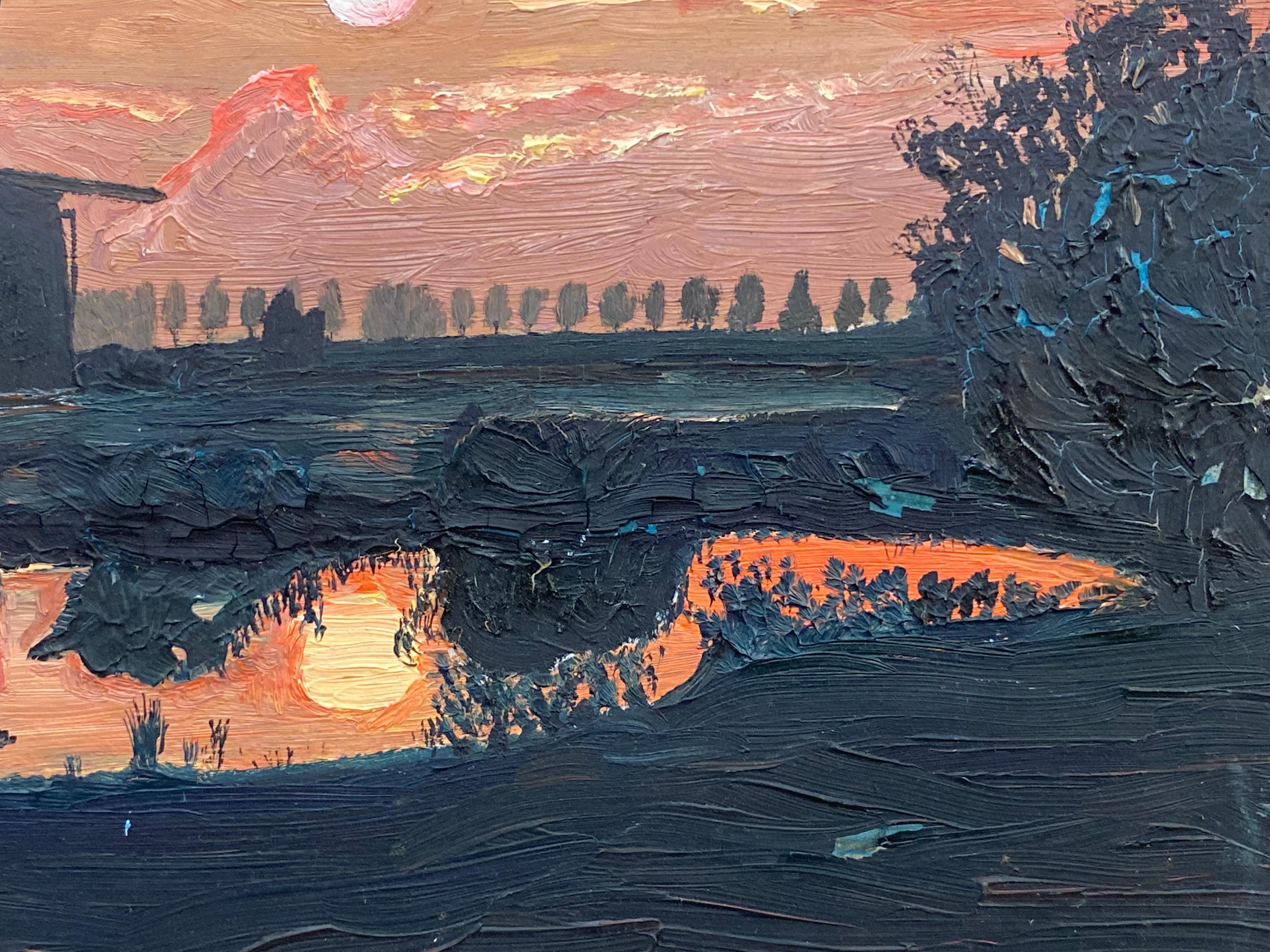FERNAND AUDET (1923-2016) ÓLEO IMPRESIONISTA FRANCÉS - PUESTA DE SOL SOBRE MOLINOS DE VIENTO - Landscape Painting Beige de Fernand Audet