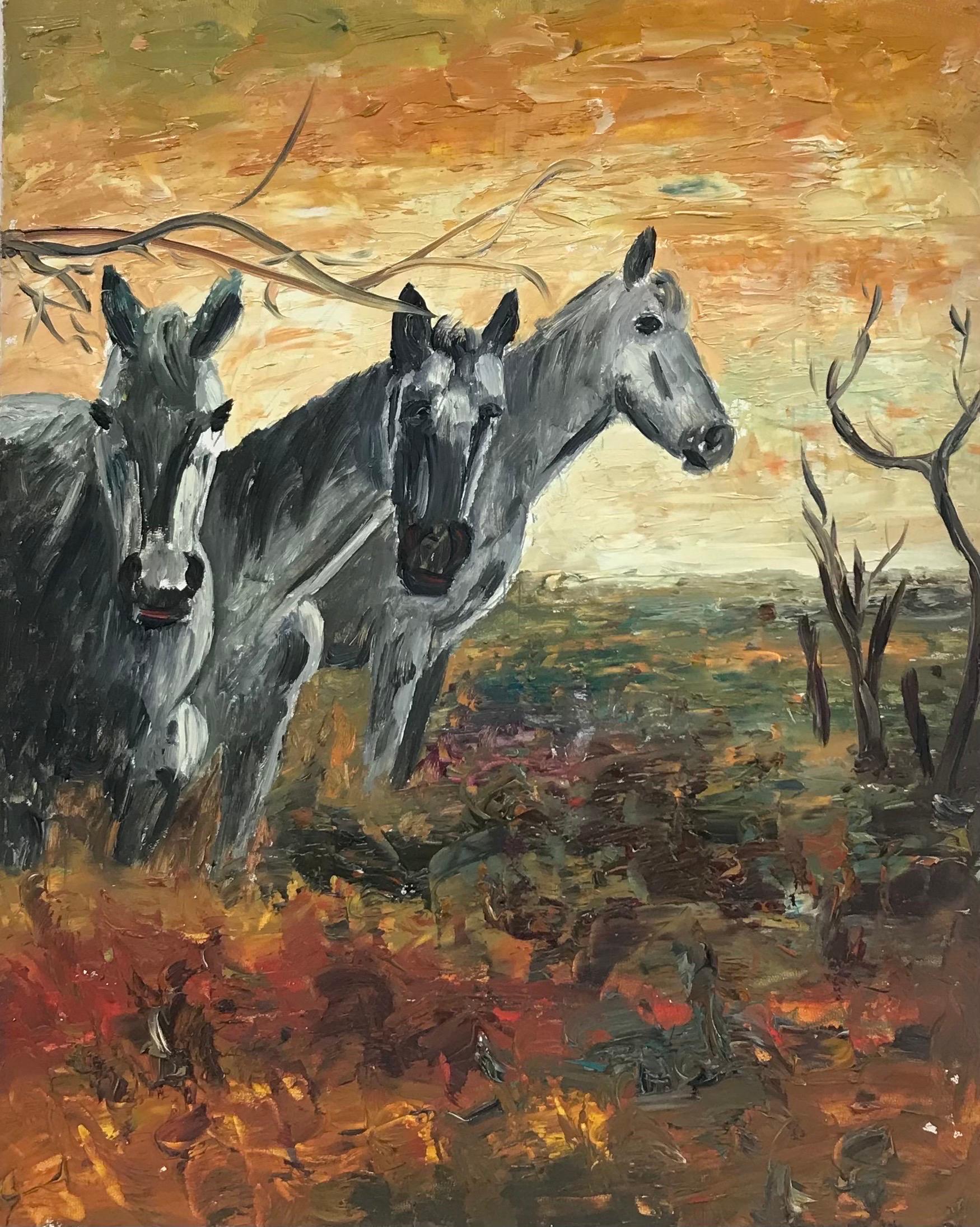 Fernand Audet Landscape Painting - FERNAND AUDET (1923-2016) FRENCH IMPRESSIONIST OIL - Three Horses