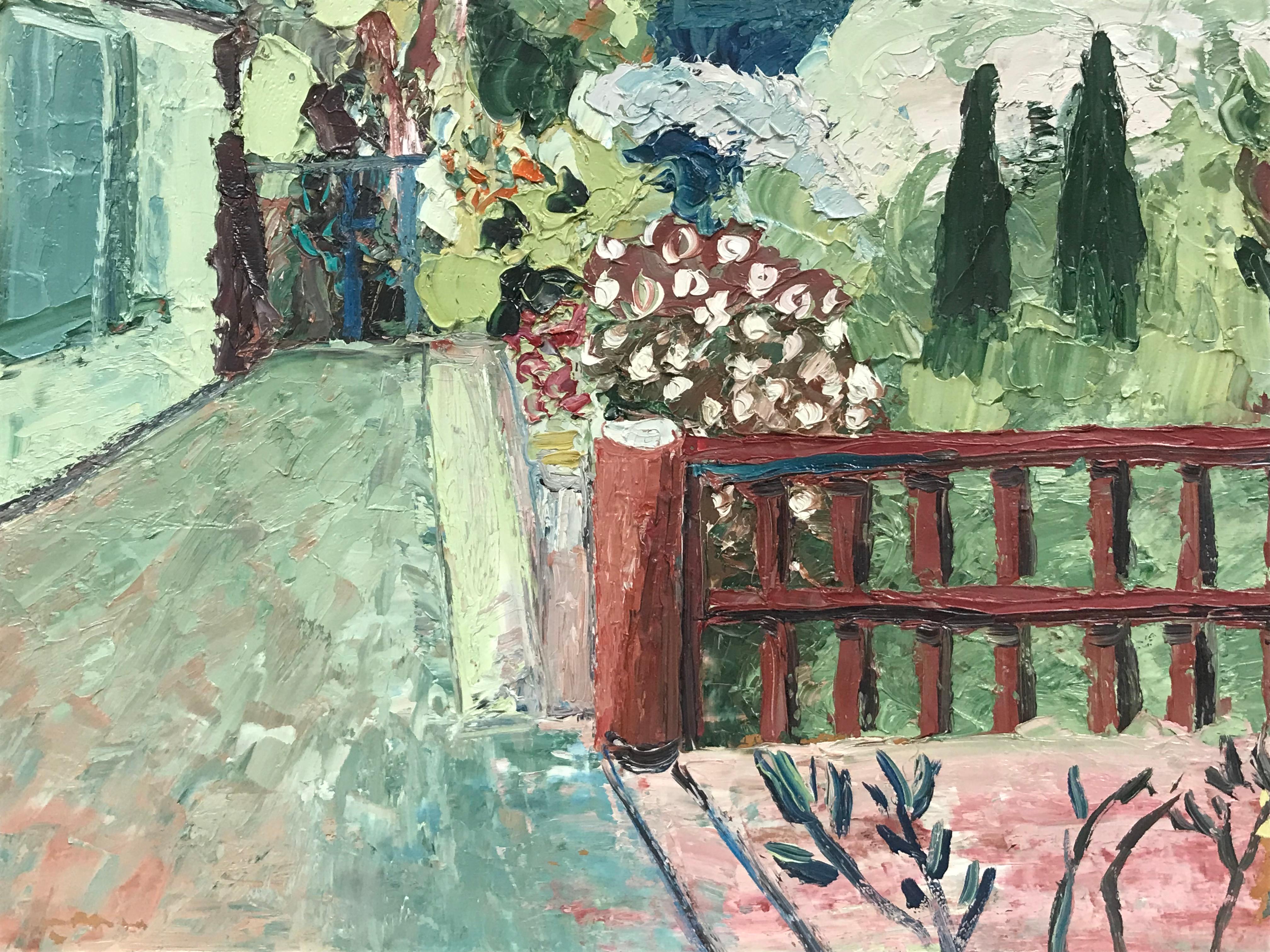 FERNAND AUDET (1923-2016) FRENCH IMPRESSIONIST SIGNED OIL - Provence Balcony  - Gray Landscape Painting by Fernand Audet