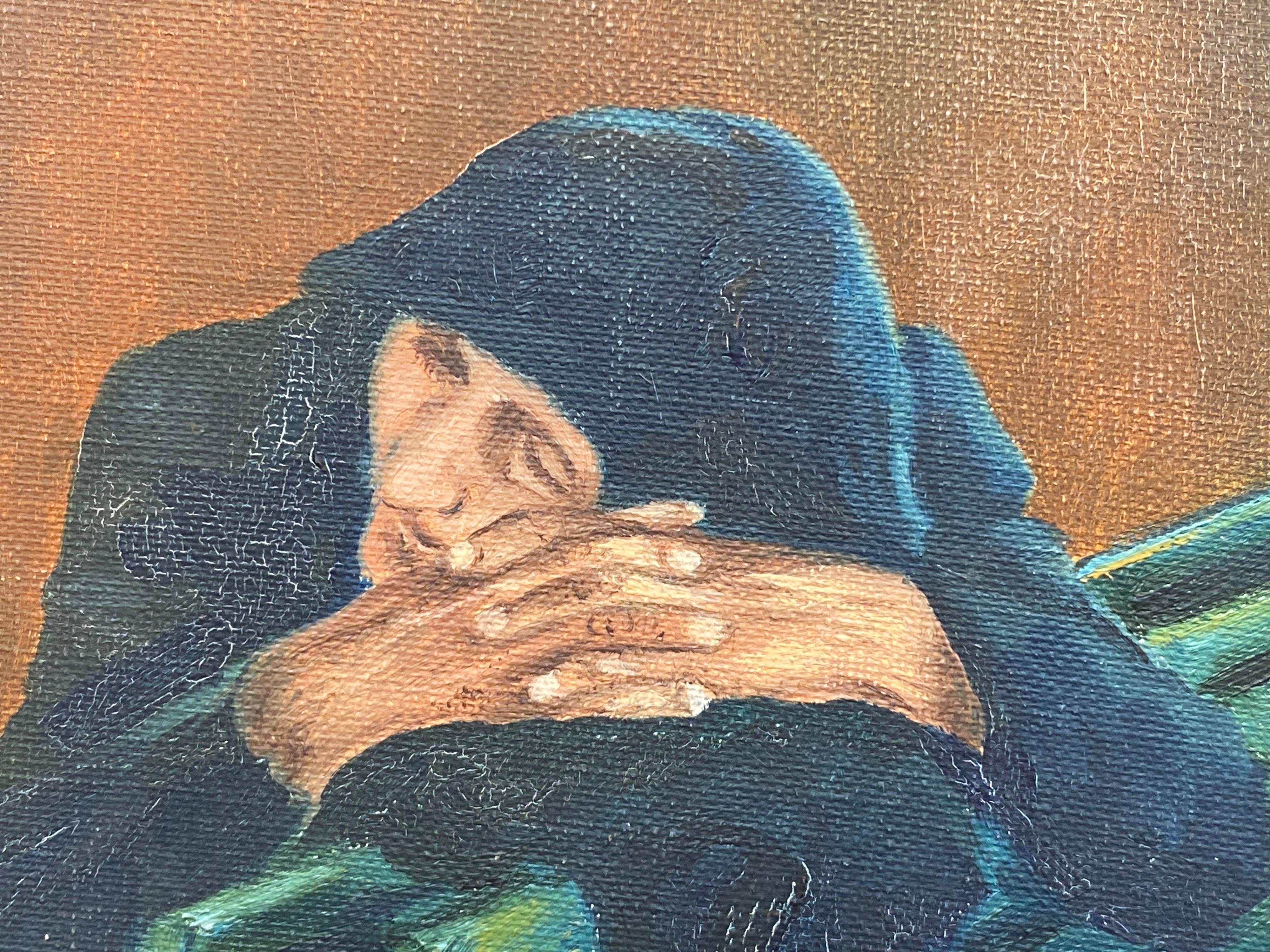 Fernand Audet (1923-2016) Olio francese firmato Signora anziana che dorme su una panchina in vendita 1
