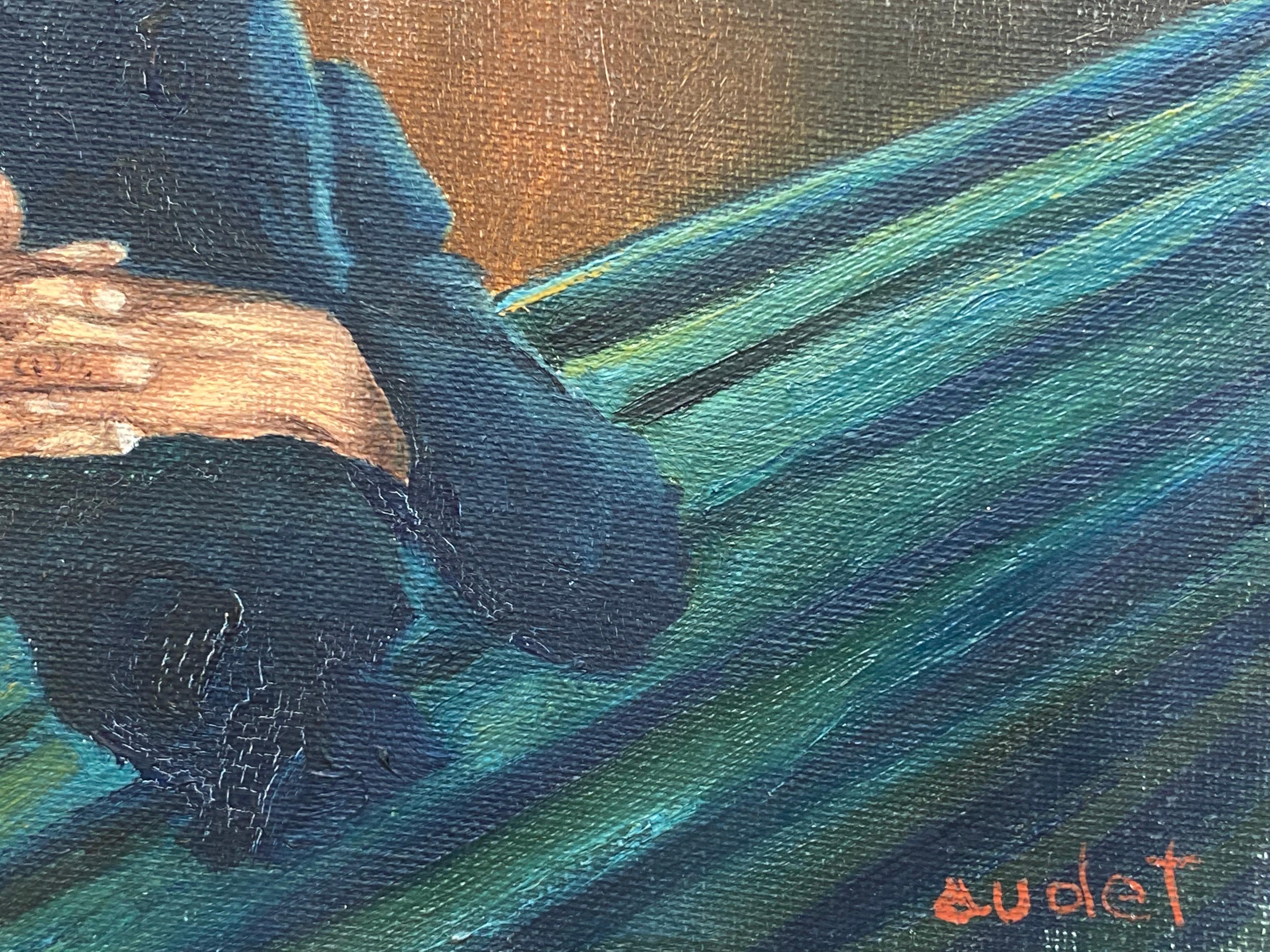 Fernand Audet (1923-2016) Olio francese firmato Signora anziana che dorme su una panchina in vendita 3