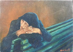 Fernand Audet (1923-2016) French Signed Oil Elderly Lady Sleeping on Bench