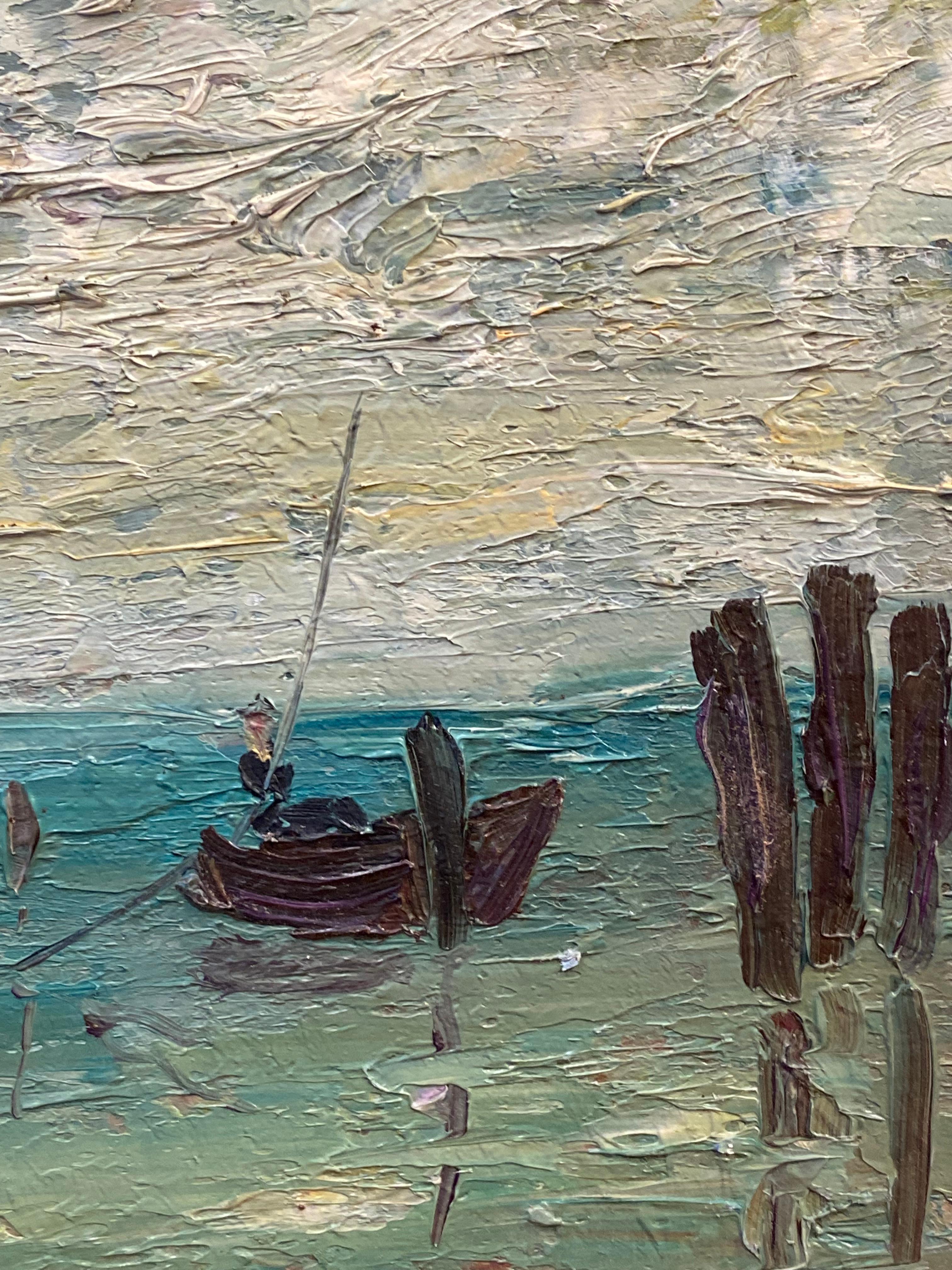  FERNAND AUDET (1923-2016) SIGNED FRENCH POST-IMPRESSIONIST OIL - FISHERMEN - Gray Landscape Painting by Fernand Audet