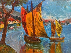 Französisch-expressionistisches Ölgemälde – Fischerboote Südfrankreich Küstenlinie