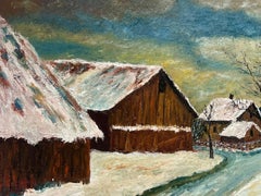 Grande paesaggio invernale ad olio post impressionista del XX secolo con neve