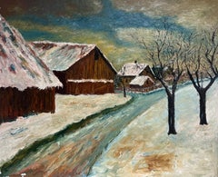 Grande paesaggio invernale ad olio post impressionista del XX secolo con neve