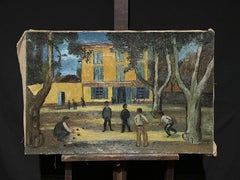 LARGE VINTAGE FRENCH IMPRESSIONIST OIL - FIGURES PLAYING BOULES PROVENCE SQUARE