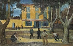 LARGE VINTAGE FRENCH IMPRESSIONIST OIL - FIGURES PLAYING BOULES PROVENCE SQUARE