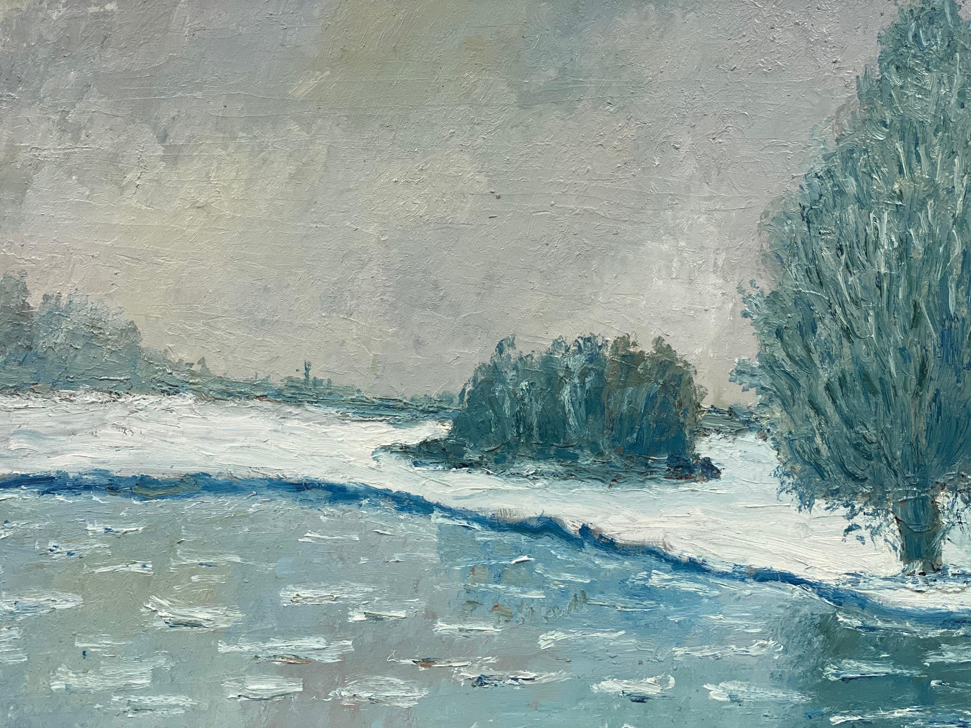 Grande peinture à l'huile impressionniste française d'un paysage d'hiver vintage - Painting de Fernand Audet