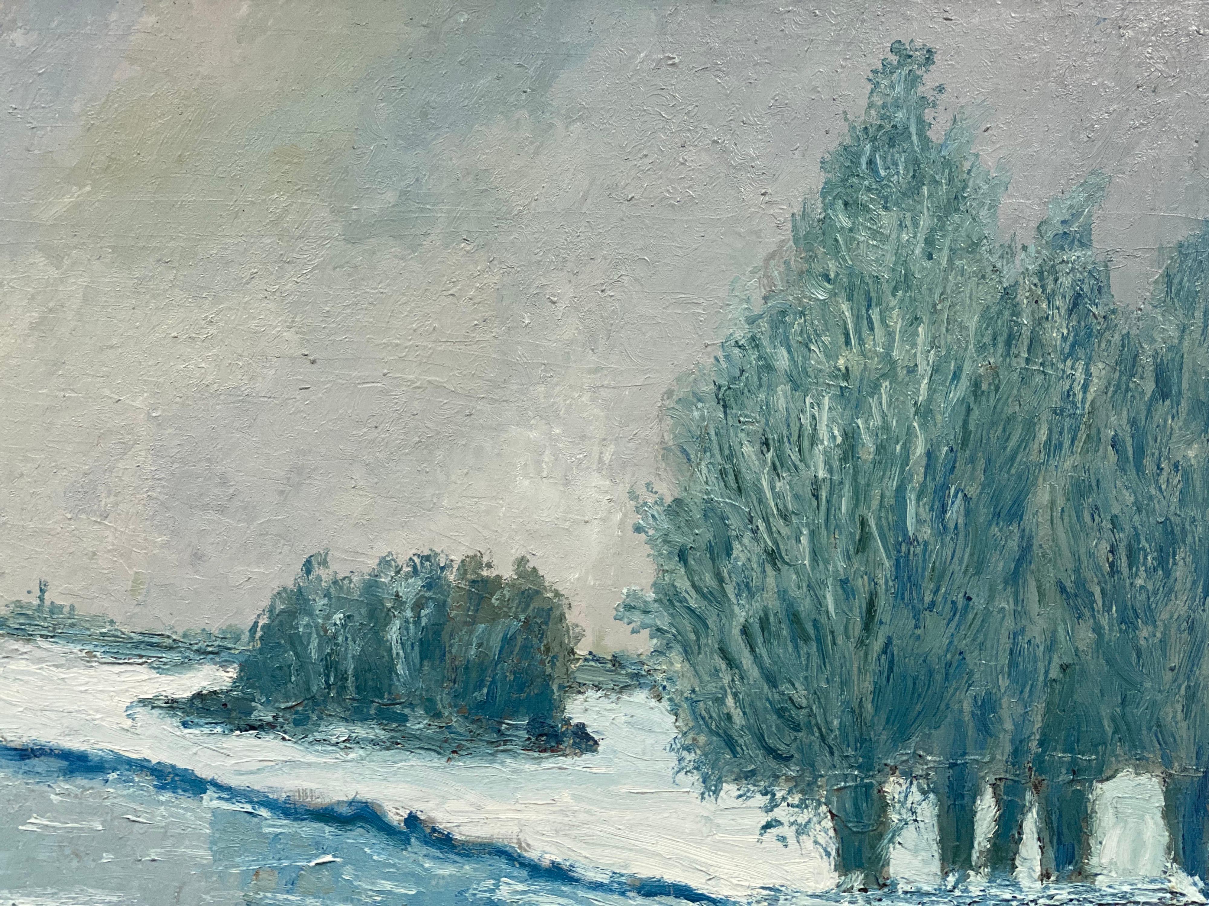 Grande peinture à l'huile impressionniste française d'un paysage d'hiver vintage - Post-impressionnisme Painting par Fernand Audet
