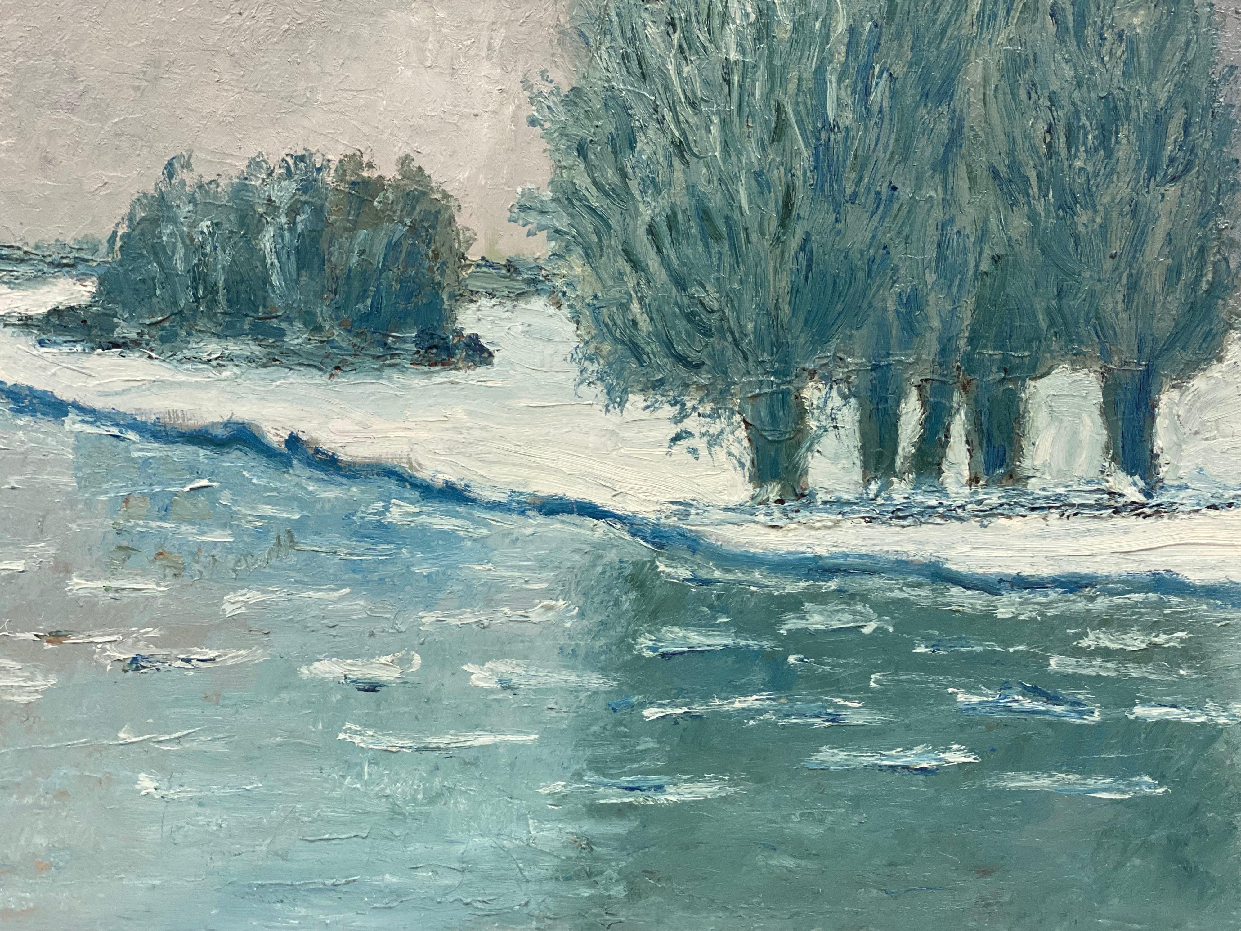 Grande peinture à l'huile impressionniste française d'un paysage d'hiver vintage - Gris Landscape Painting par Fernand Audet