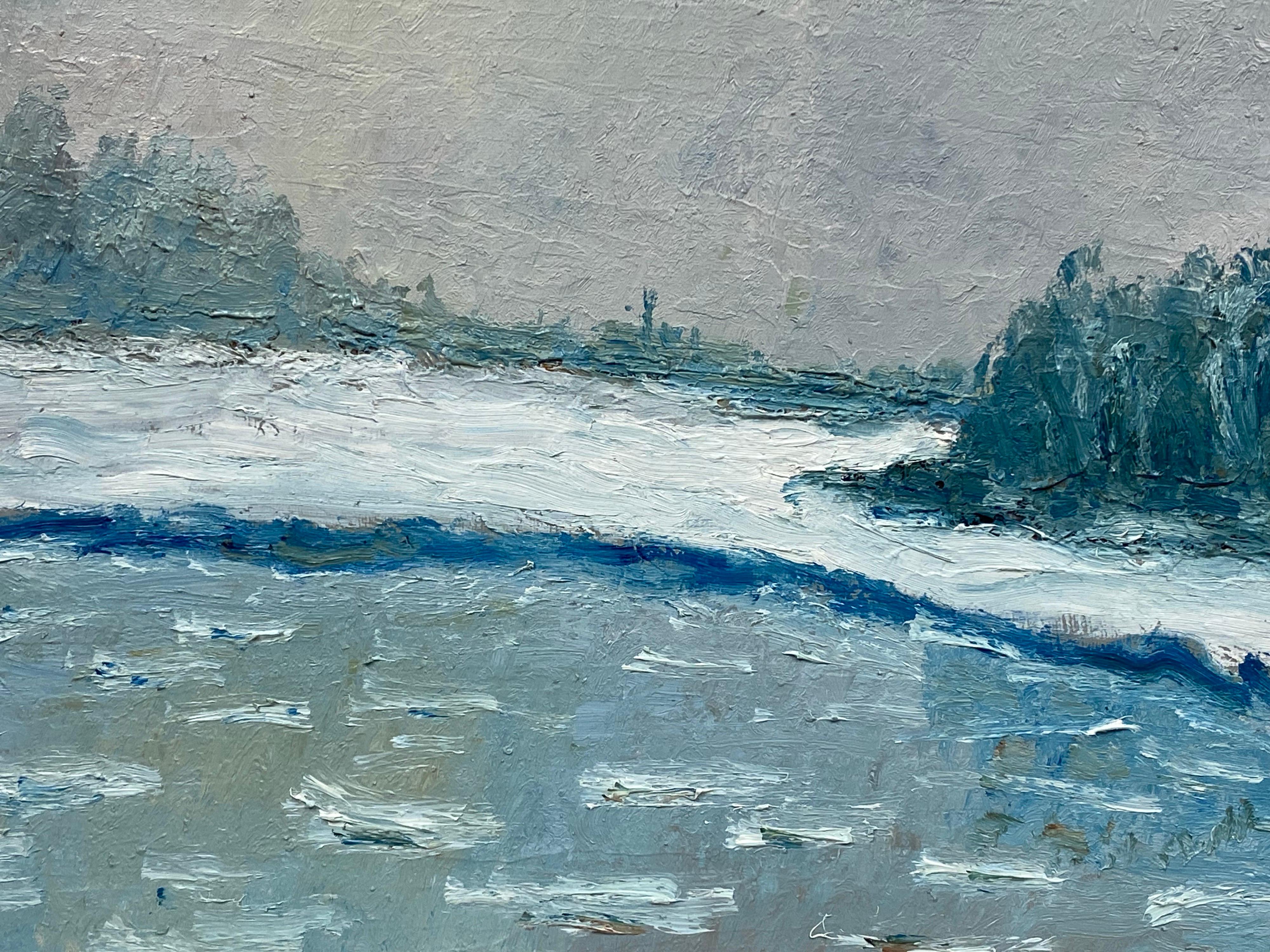 Grande peinture à l'huile impressionniste française d'un paysage d'hiver vintage en vente 1