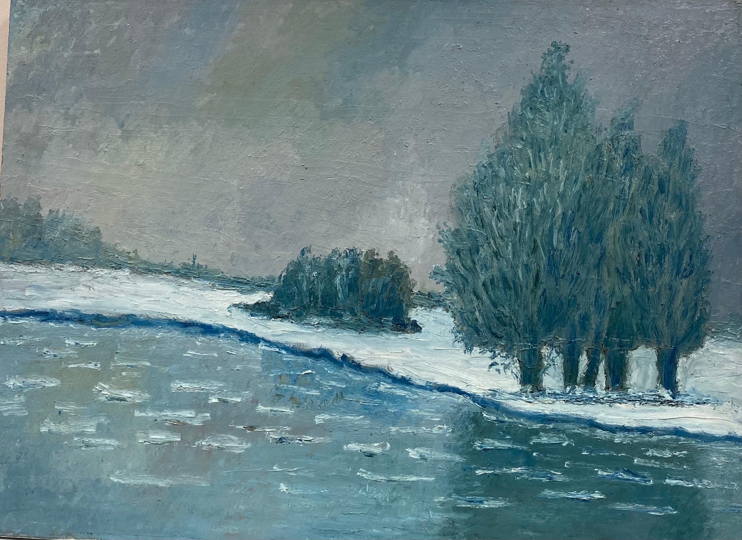 Landscape Painting Fernand Audet - Grande peinture à l'huile impressionniste française d'un paysage d'hiver vintage