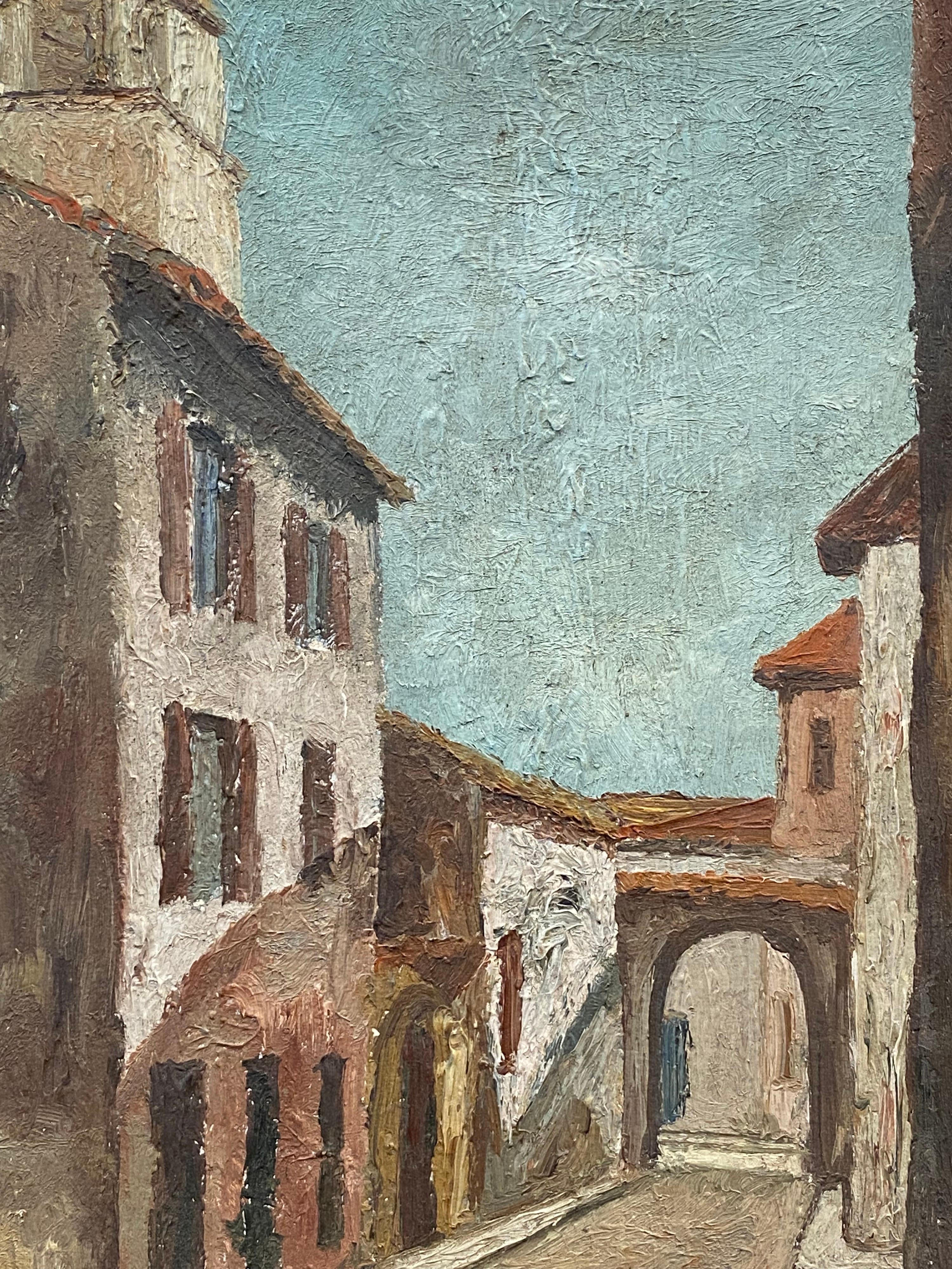 Mid 20th Century French Oil Painting on board Old Town Street Scene - Gray Landscape Painting by Fernand Audet