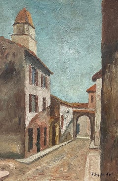 Mid 20th Century French Oil Painting on board Old Town Street Scene