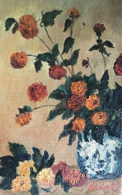 SIGNED FRENCH POST-IMPRESSIONIST OIL - Still Life of Flowers Blue & White Vase